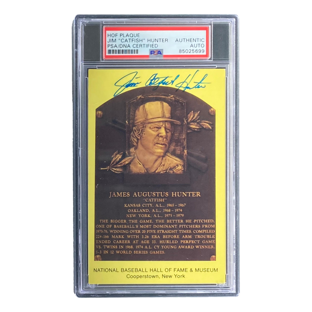 Jim "Catfish" Hunter Signed Hall of Fame Plaque Postcard (PSA) Pristine Auction