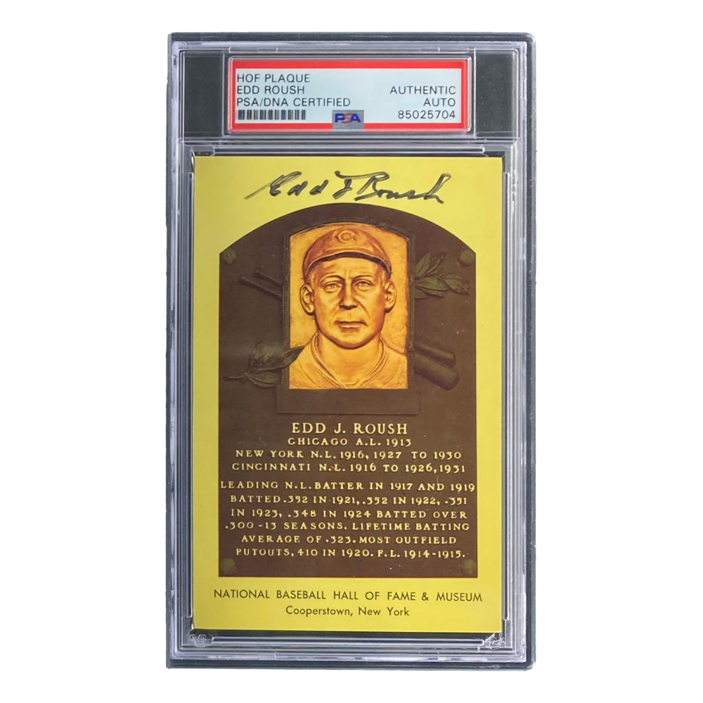 Edd Roush Signed Hall of Fame Plaque Postcard (PSA) Pristine Auction