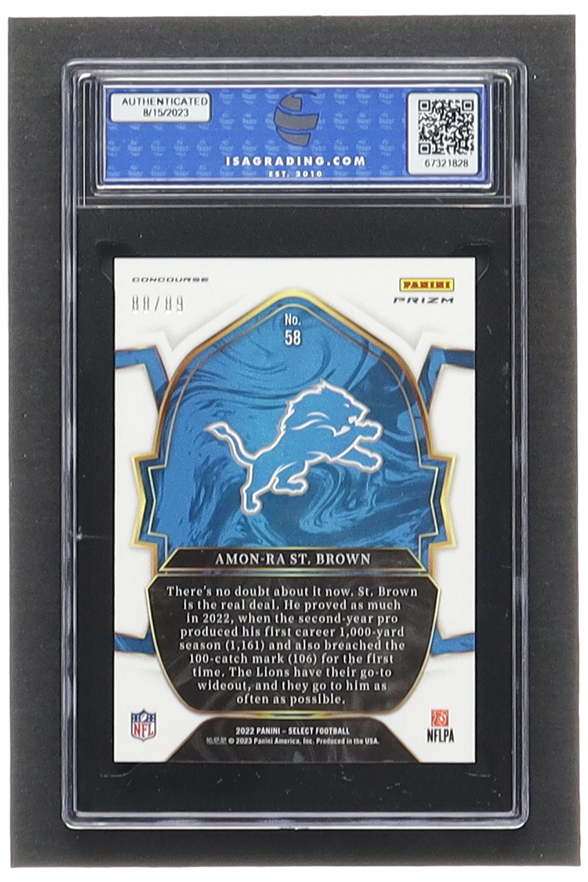 Amon-Ra St. Brown 2022 Select Prizm Dragon Scale #58 #88/89 RC (ISA 9) at PristineAuction.com Amon-Ra St. Brown 2022 Select Prizm Dragon Scale #58 #88/89 RC (ISA 9) at PristineAuction.com