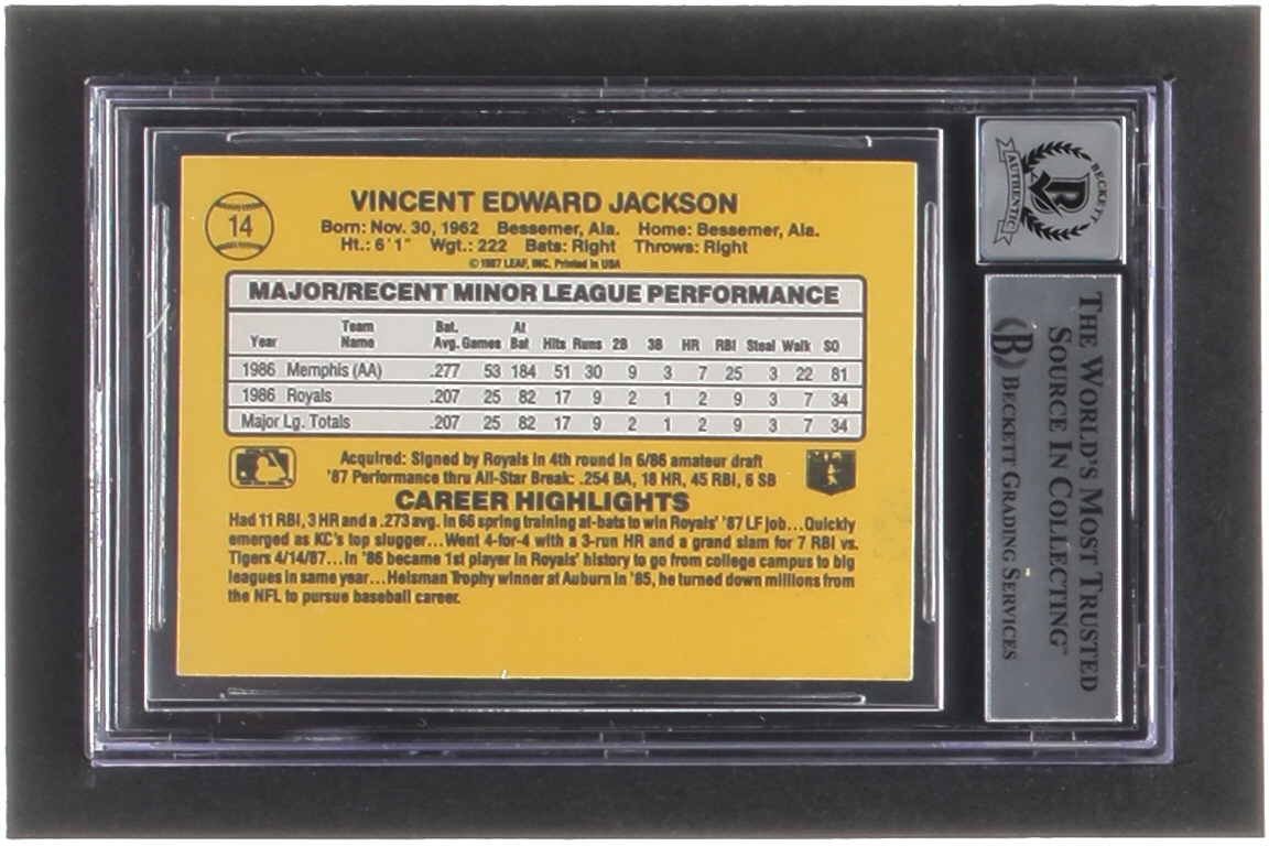 Bo Jackson Signed 1987 Donruss Rookies #14 RC (BGS | Auto 10) at PristineAuction.com Bo Jackson Signed 1987 Donruss Rookies #14 RC (BGS | Auto 10) at PristineAuction.com