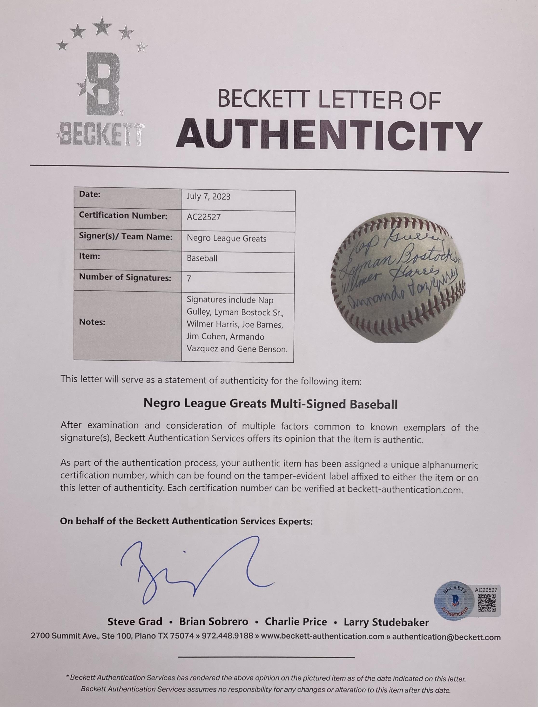 Negro League Legends OAL Signed By (7) with Wilmer Harris, Lyman Bostock Sr, Armando Vasquez, Jim Cohen (Beckett) at PristineAuction.com Negro League Legends OAL Signed By (7) with Wilmer Harris, Lyman Bostock Sr, Armando Vasquez, Jim Cohen (Beckett) at PristineAuction.com