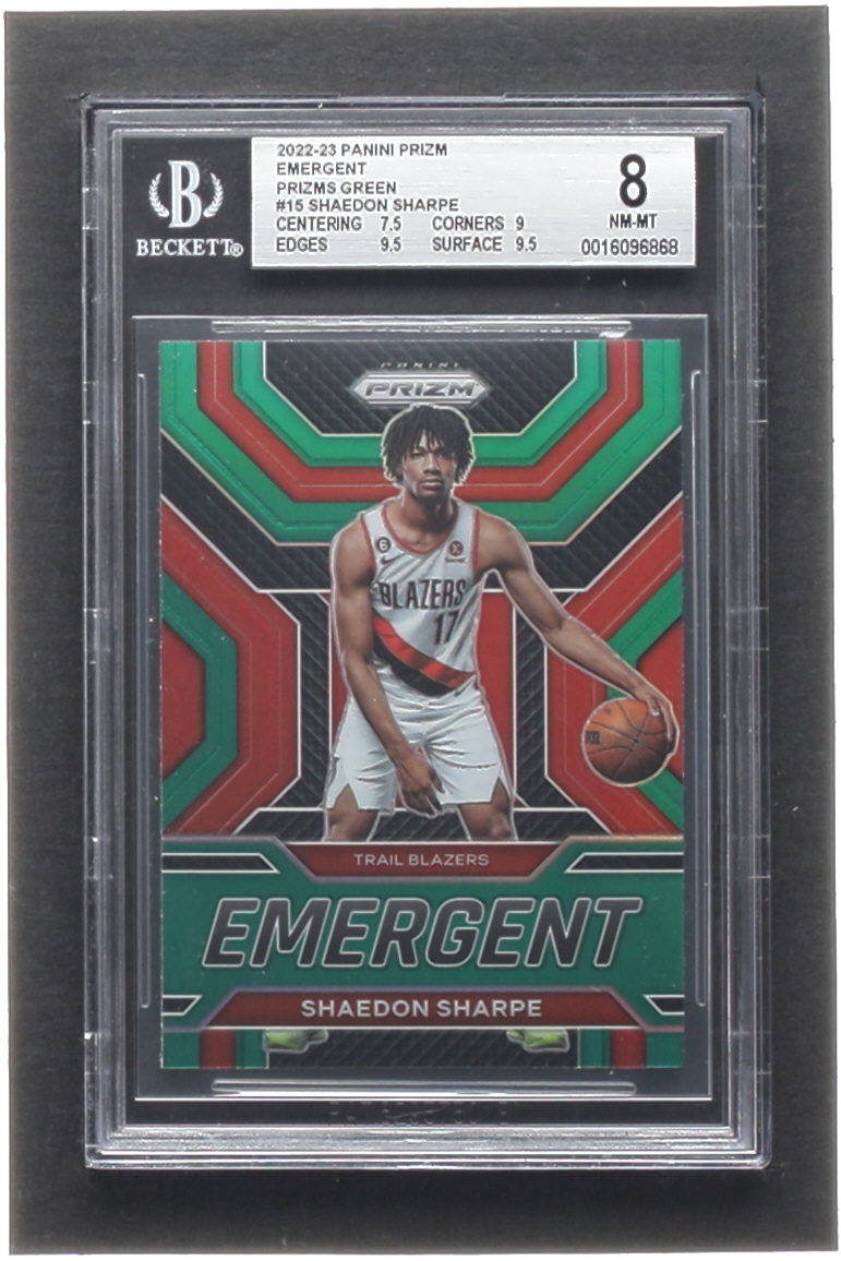 Shaedon Sharpe 2022-23 Panini Prizm Emergent Prizms Green #15 (BGS 8) at PristineAuction.com Shaedon Sharpe 2022-23 Panini Prizm Emergent Prizms Green #15 (BGS 8) at PristineAuction.com