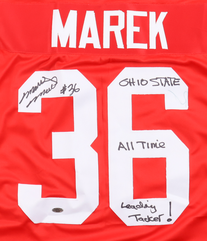 Marcus Marek Signed Jersey Inscribed "Ohio State All Time Leading Tackler!" (Playball Ink) at PristineAuction.com Marcus Marek Signed Jersey Inscribed "Ohio State All Time Leading Tackler!" (Playball Ink) at PristineAuction.com