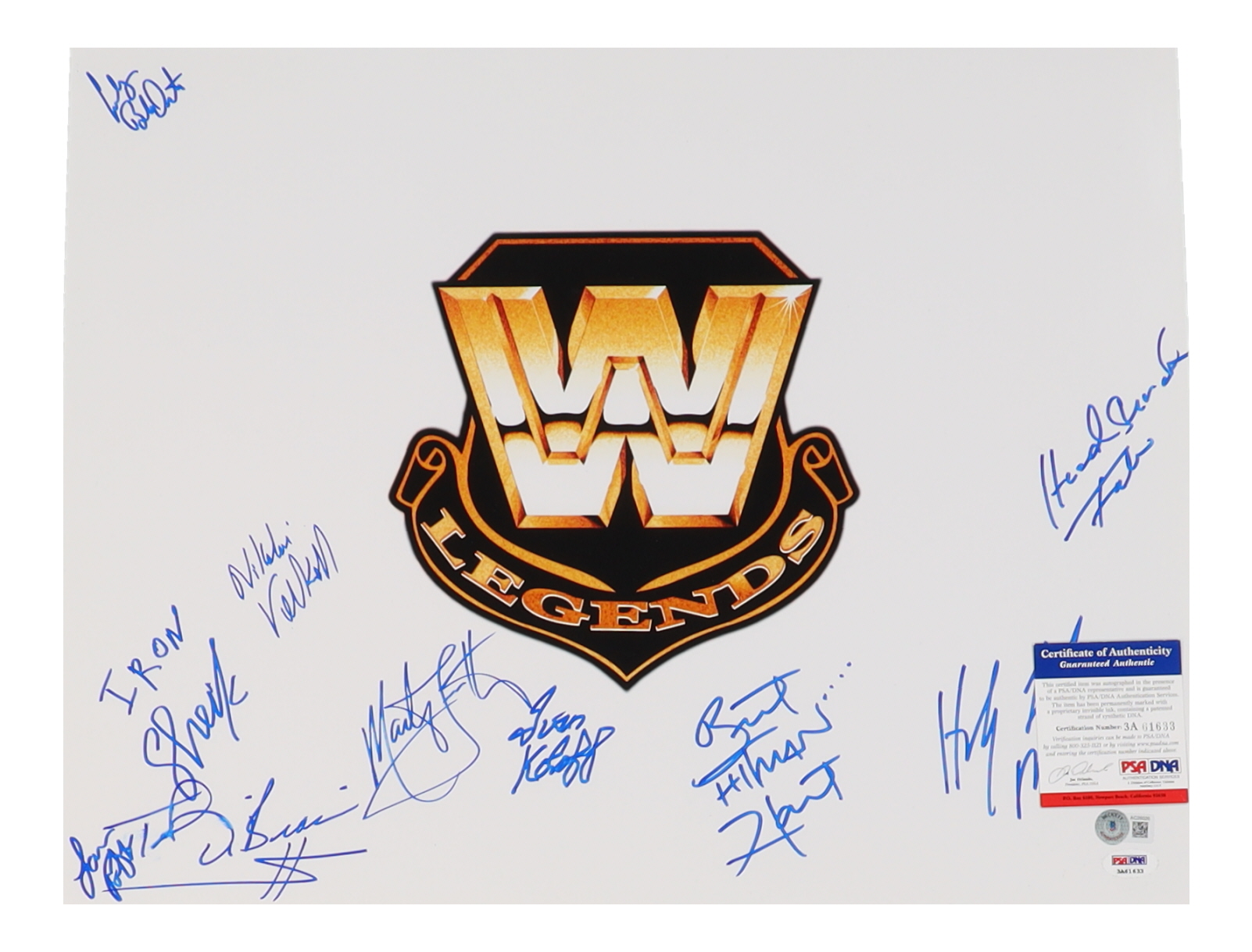WWF Legends 16x20 Photo Signed by (10) with Bret Hart, Ted DiBiase Sr., Marty Jannetty, Bob Orton, The Iron Sheik (Beckett & PSA) at PristineAuction.com WWF Legends 16x20 Photo Signed by (10) with Bret Hart, Ted DiBiase Sr., Marty Jannetty, Bob Orton, The Iron Sheik (Beckett & PSA) at PristineAuction.com