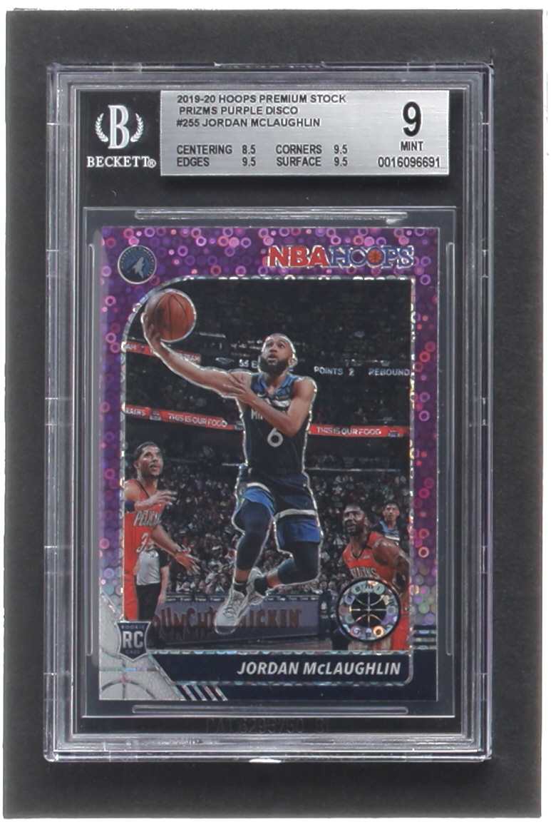 Jordan McLaughlin 2019-20 Hoops Premium Stock Prizms Purple Disco #255 RC (BGS 9) at PristineAuction.com Jordan McLaughlin 2019-20 Hoops Premium Stock Prizms Purple Disco #255 RC (BGS 9) at PristineAuction.com