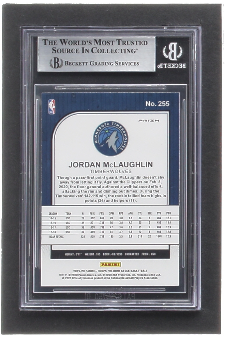 Jordan McLaughlin 2019-20 Hoops Premium Stock Prizms Purple Disco #255 RC (BGS 9) at PristineAuction.com Jordan McLaughlin 2019-20 Hoops Premium Stock Prizms Purple Disco #255 RC (BGS 9) at PristineAuction.com