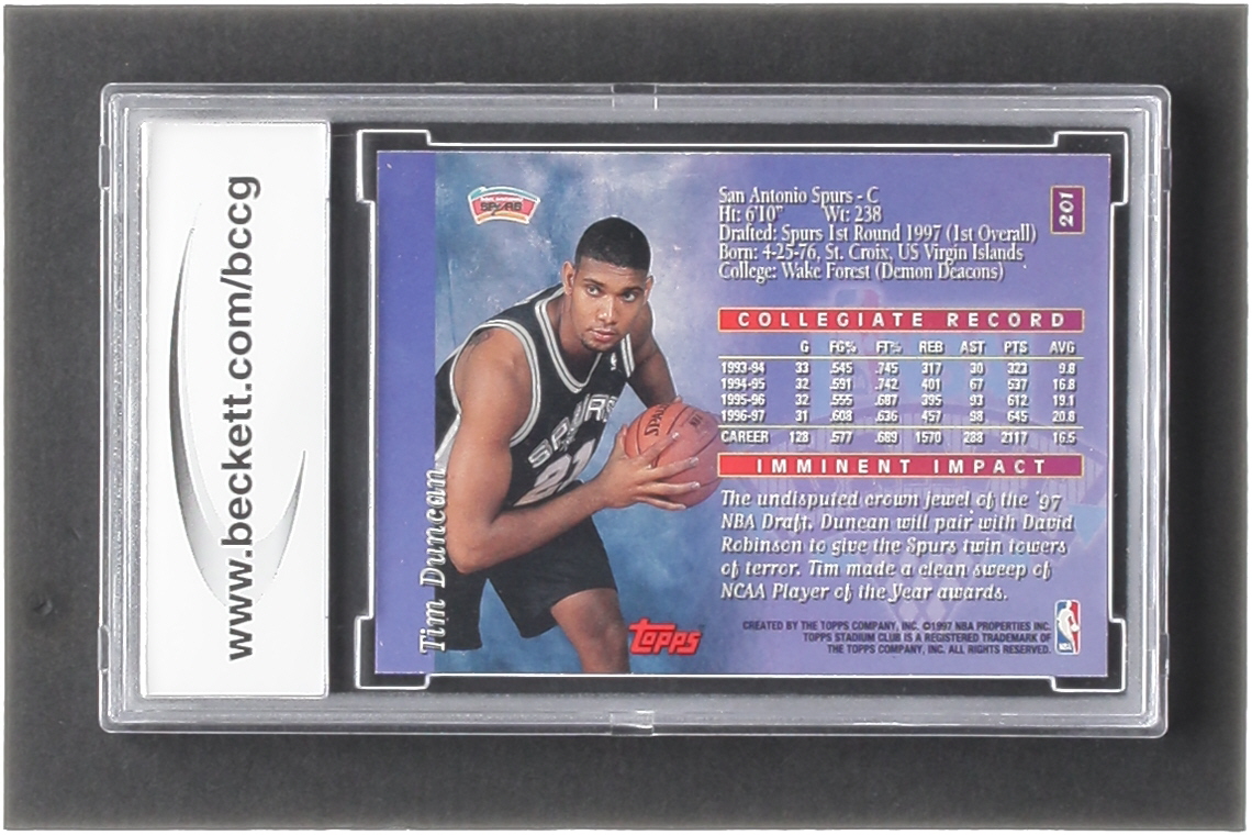 Tim Duncan 1997-98 Stadium Club #201 RC (BCCG 10) at PristineAuction.com Tim Duncan 1997-98 Stadium Club #201 RC (BCCG 10) at PristineAuction.com