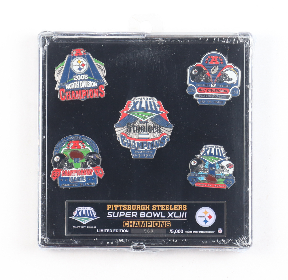 Set of (5) Steelers LE Factory Sealed Super Bowl XLIII Champions Pins at PristineAuction.com Set of (5) Steelers LE Factory Sealed Super Bowl XLIII Champions Pins at PristineAuction.com