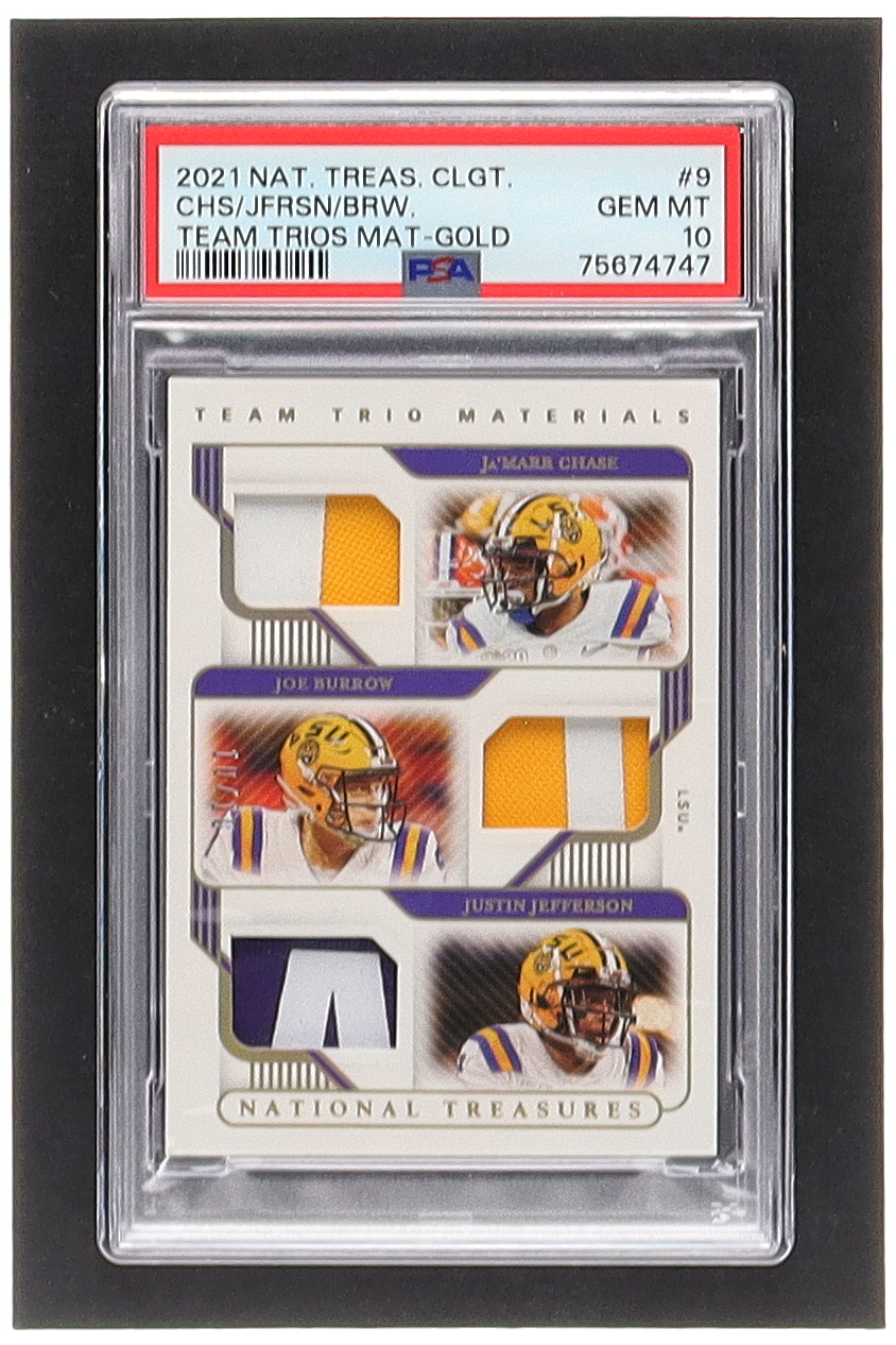 Ja'Marr Chase / Justin Jefferson / Joe Burrow 2021 Panini National Treasures Collegiate Team Trio Materials Gold #9 #10/10 (PSA 10) at PristineAuction.com Ja'Marr Chase / Justin Jefferson / Joe Burrow 2021 Panini National Treasures Collegiate Team Trio Materials Gold #9 #10/10 (PSA 10) at PristineAuction.com