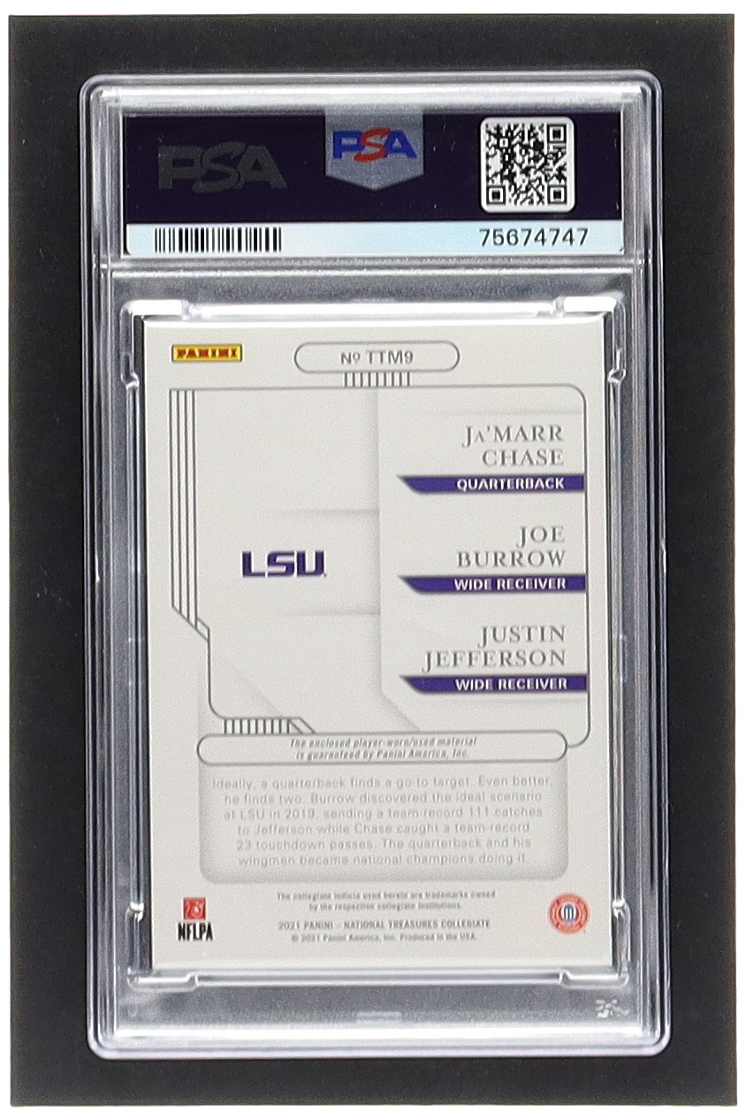 Ja'Marr Chase / Justin Jefferson / Joe Burrow 2021 Panini National Treasures Collegiate Team Trio Materials Gold #9 #10/10 (PSA 10) at PristineAuction.com Ja'Marr Chase / Justin Jefferson / Joe Burrow 2021 Panini National Treasures Collegiate Team Trio Materials Gold #9 #10/10 (PSA 10) at PristineAuction.com