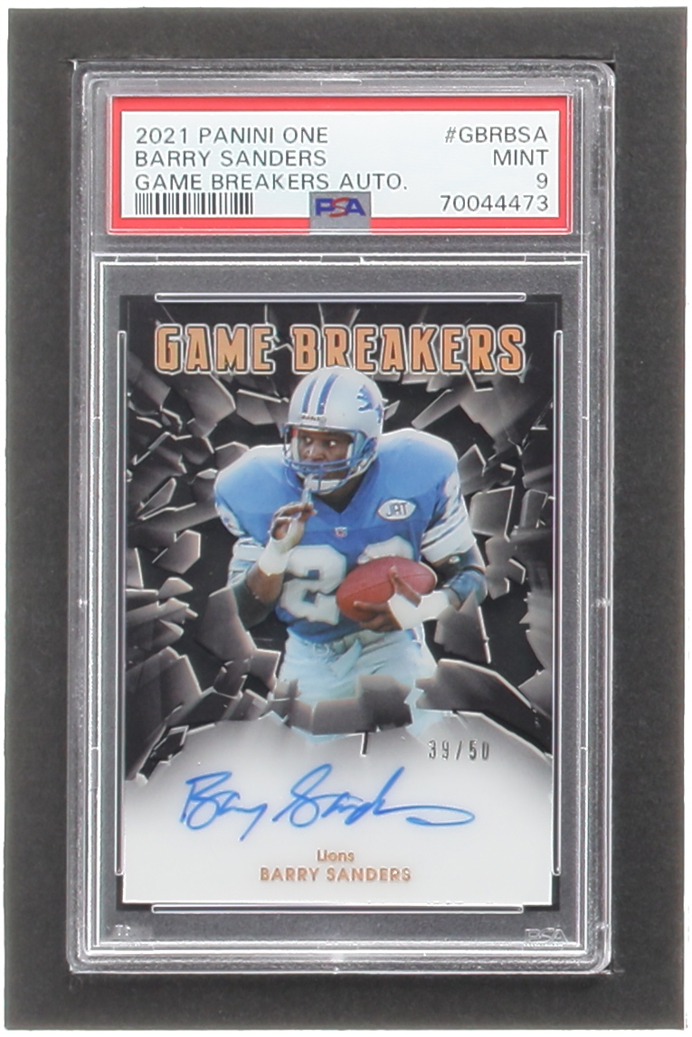Barry Sanders 2021 Panini One Game Breakers Autograph #GBRBSA #39/50 (PSA 9) at PristineAuction.com Barry Sanders 2021 Panini One Game Breakers Autograph #GBRBSA #39/50 (PSA 9) at PristineAuction.com