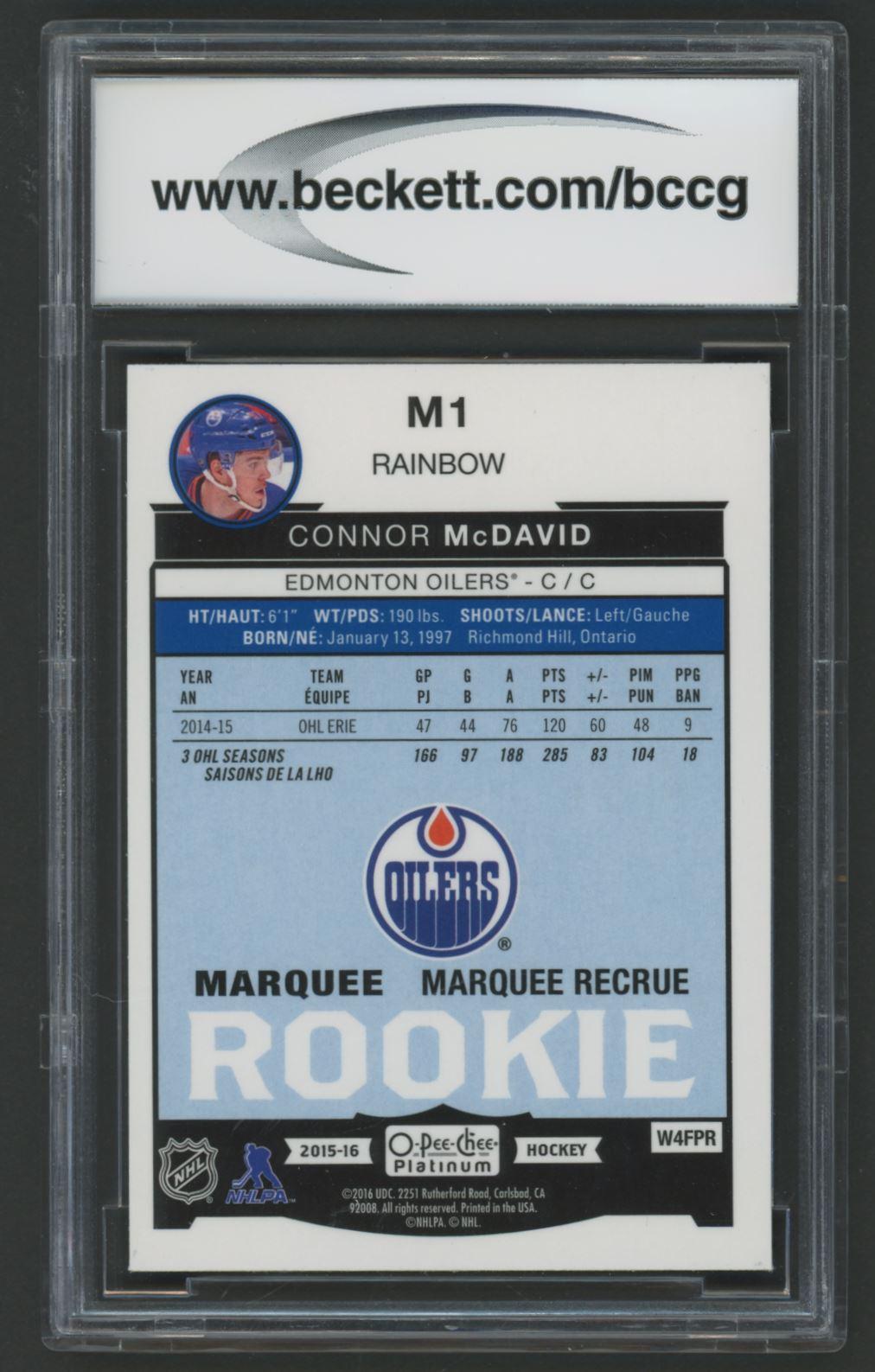 Connor McDavid 2015-16 O-Pee-Chee Platinum Marquee Rookies Rainbow #M1 (BCCG 10) at PristineAuction.com Connor McDavid 2015-16 O-Pee-Chee Platinum Marquee Rookies Rainbow #M1 (BCCG 10) at PristineAuction.com