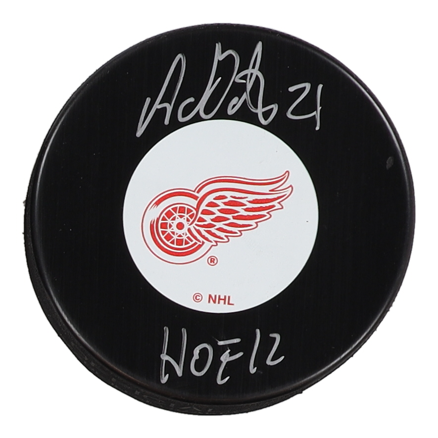 Adam Oates Signed Red Wings Logo Hockey Puck Inscribed "HOF 12" (Schwartz) at PristineAuction.com Adam Oates Signed Red Wings Logo Hockey Puck Inscribed "HOF 12" (Schwartz) at PristineAuction.com