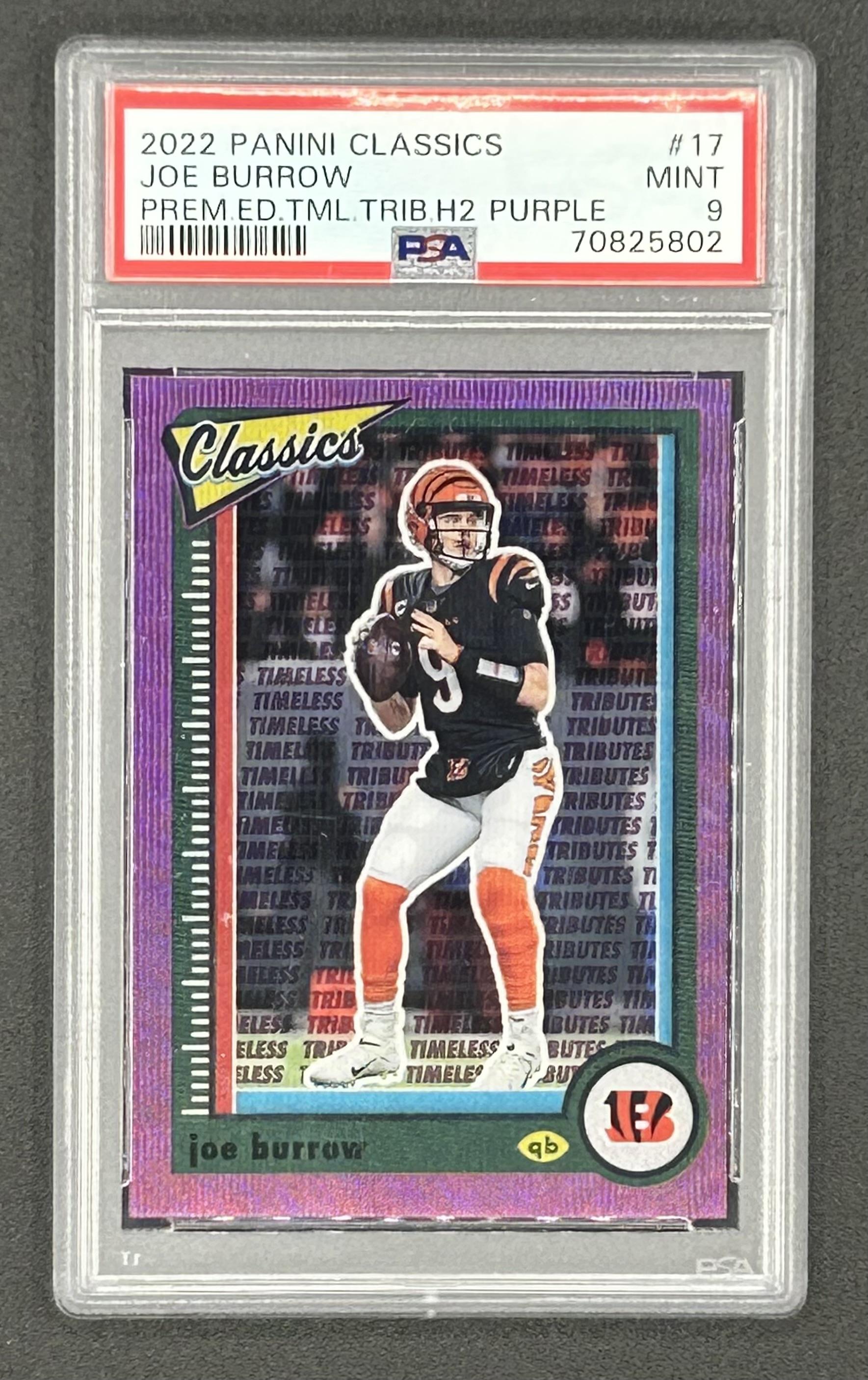 Joe Burrow 2022 Classics Premium Edition Timeless Tributes H2 Purple #17 #21/50 (PSA 9) at PristineAuction.com Joe Burrow 2022 Classics Premium Edition Timeless Tributes H2 Purple #17 #21/50 (PSA 9) at PristineAuction.com