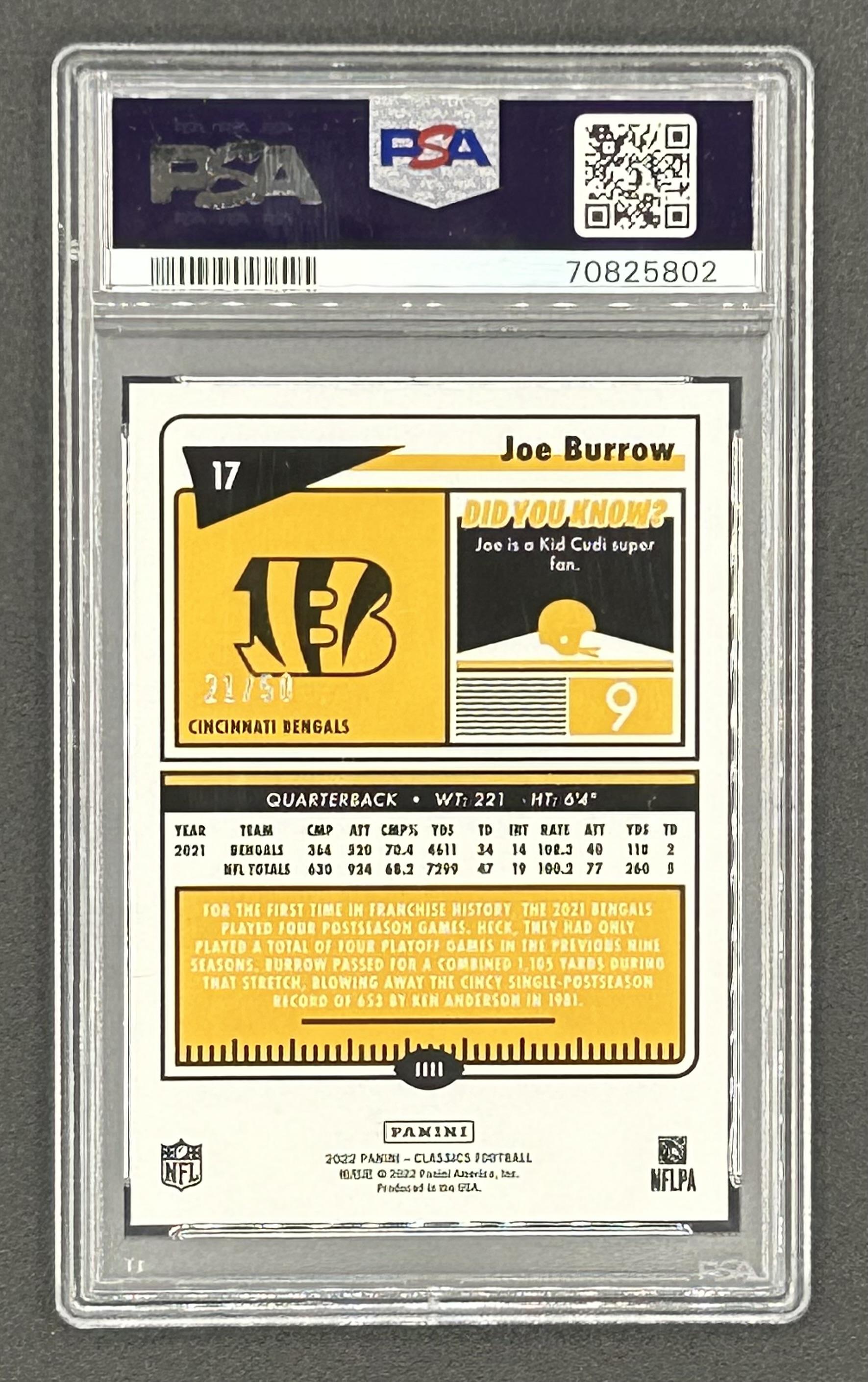 Joe Burrow 2022 Classics Premium Edition Timeless Tributes H2 Purple #17 #21/50 (PSA 9) at PristineAuction.com Joe Burrow 2022 Classics Premium Edition Timeless Tributes H2 Purple #17 #21/50 (PSA 9) at PristineAuction.com