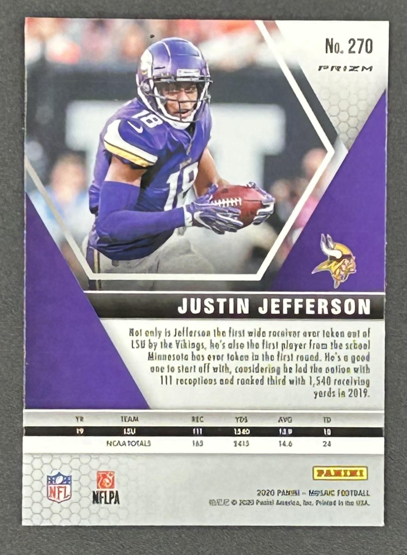 Justin Jefferson 2020 Panini Mosaic Mosaic Camo Pink #270 DEB at PristineAuction.com Justin Jefferson 2020 Panini Mosaic Mosaic Camo Pink #270 DEB at PristineAuction.com