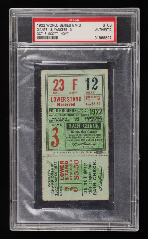 1922 World Series Game 3 Ticket Stub (PSA) at PristineAuction.com 1922 World Series Game 3 Ticket Stub (PSA) at PristineAuction.com