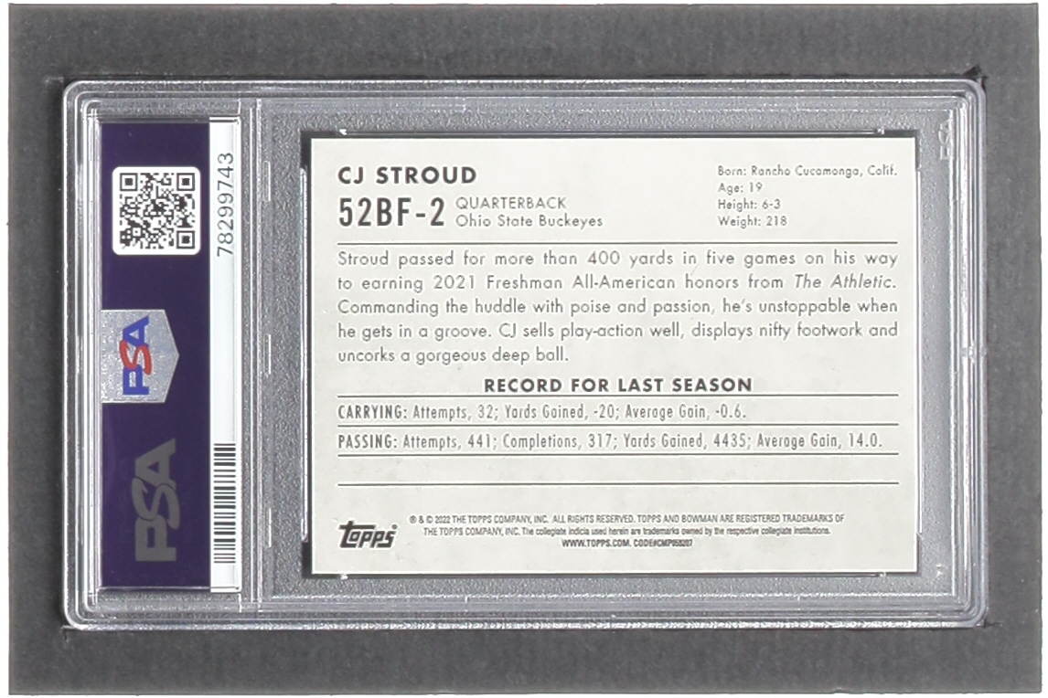 CJ Stroud 2022 Bowman Chrome University '52 Bowman #52BF2 RC (PSA 10) at PristineAuction.com CJ Stroud 2022 Bowman Chrome University '52 Bowman #52BF2 RC (PSA 10) at PristineAuction.com