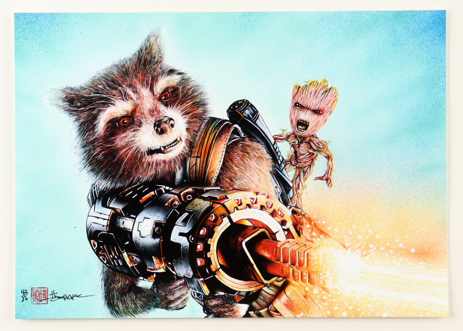 "Rocket & Groot" Guardians of the Galaxy Vol. 2 LE 8x12 Art Print by Thang Nguyen #/50 (PA) at PristineAuction.com "Rocket & Groot" Guardians of the Galaxy Vol. 2 LE 8x12 Art Print by Thang Nguyen #/50 (PA) at PristineAuction.com