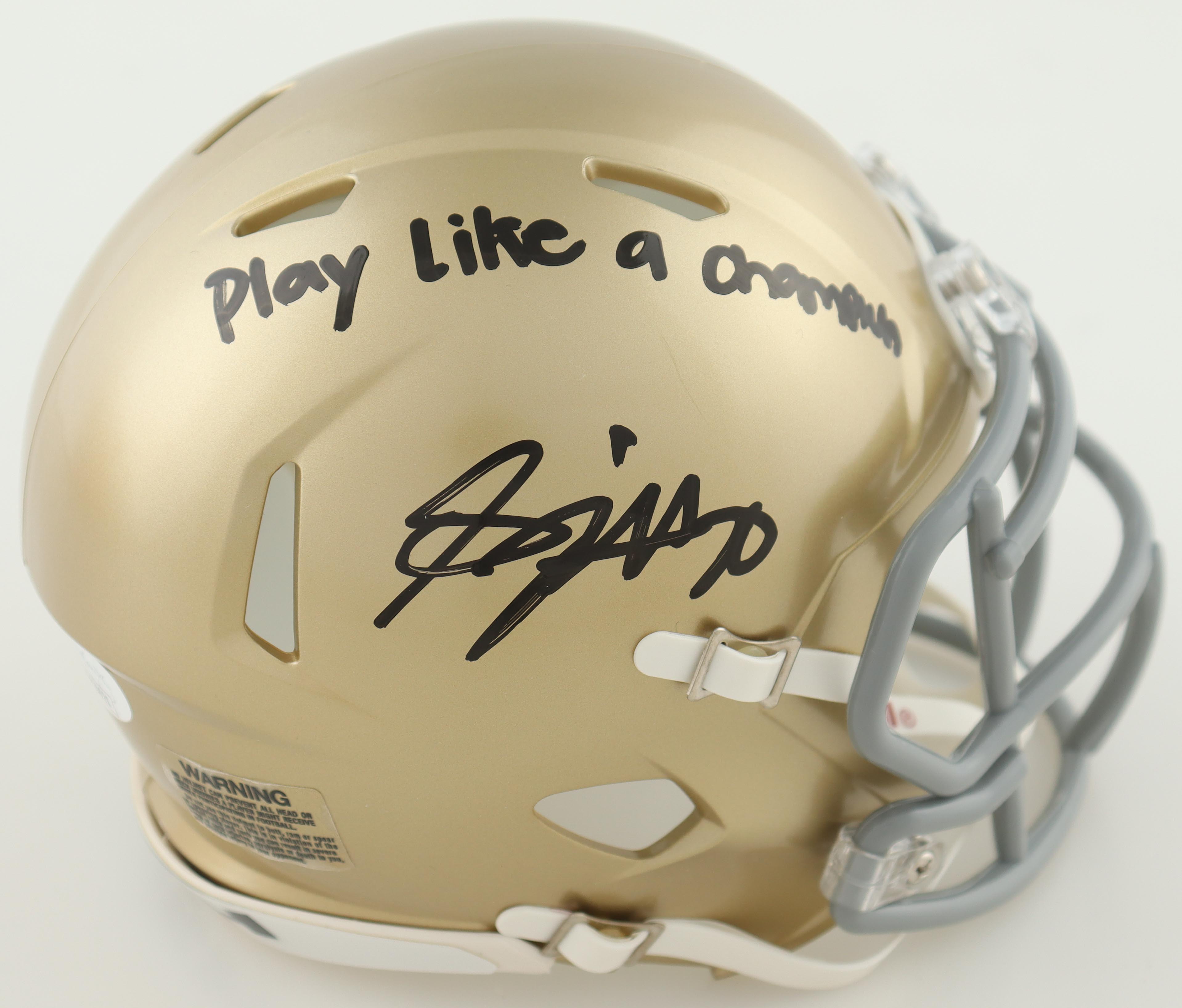 Benjamin Morrison Signed Notre Dame Fighting Irish Speed Mini Helmet Inscribed "Play Like A Champion" (JSA) at PristineAuction.com Benjamin Morrison Signed Notre Dame Fighting Irish Speed Mini Helmet Inscribed "Play Like A Champion" (JSA) at PristineAuction.com
