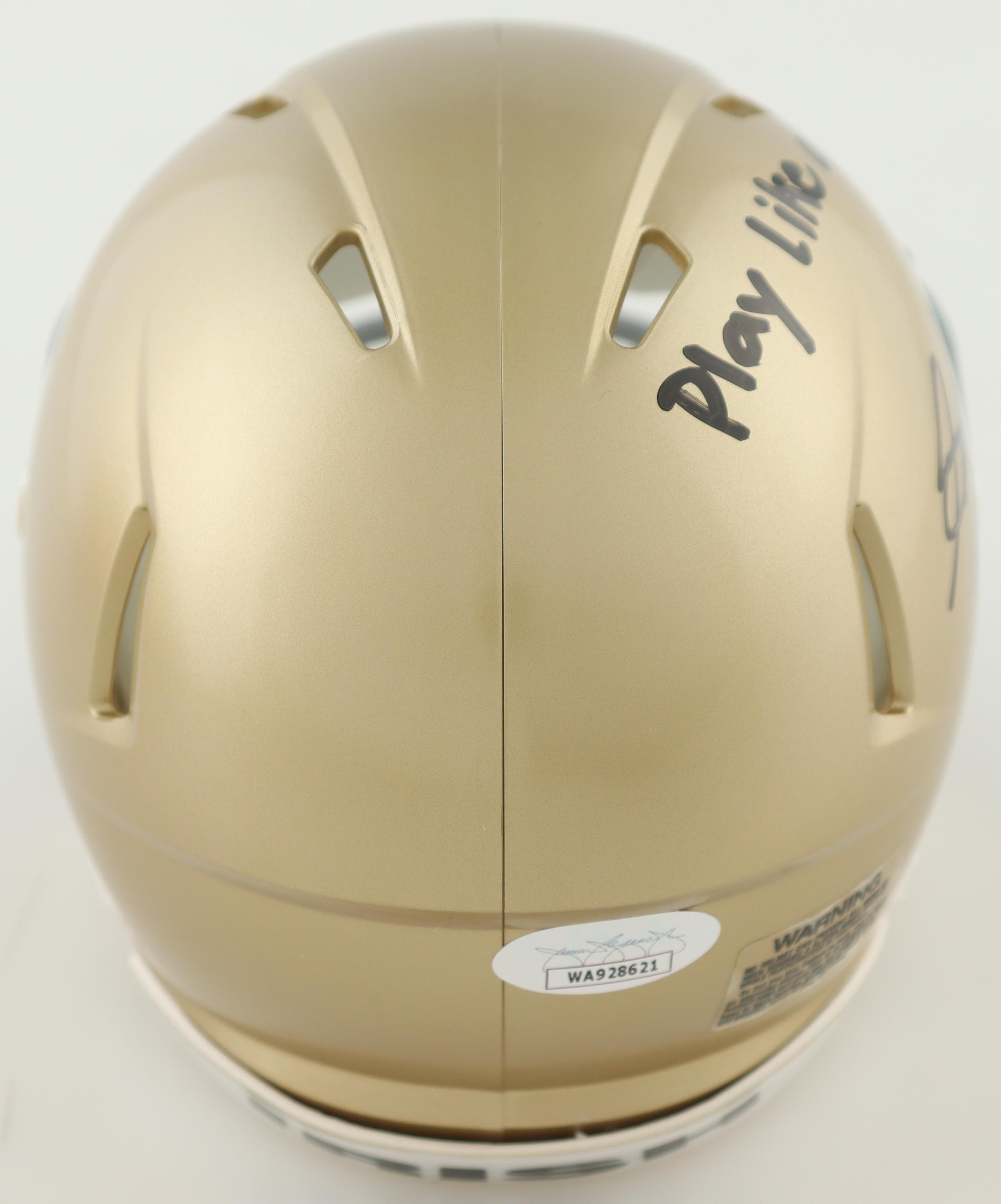 Benjamin Morrison Signed Notre Dame Fighting Irish Speed Mini Helmet Inscribed "Play Like A Champion" (JSA) at PristineAuction.com Benjamin Morrison Signed Notre Dame Fighting Irish Speed Mini Helmet Inscribed "Play Like A Champion" (JSA) at PristineAuction.com