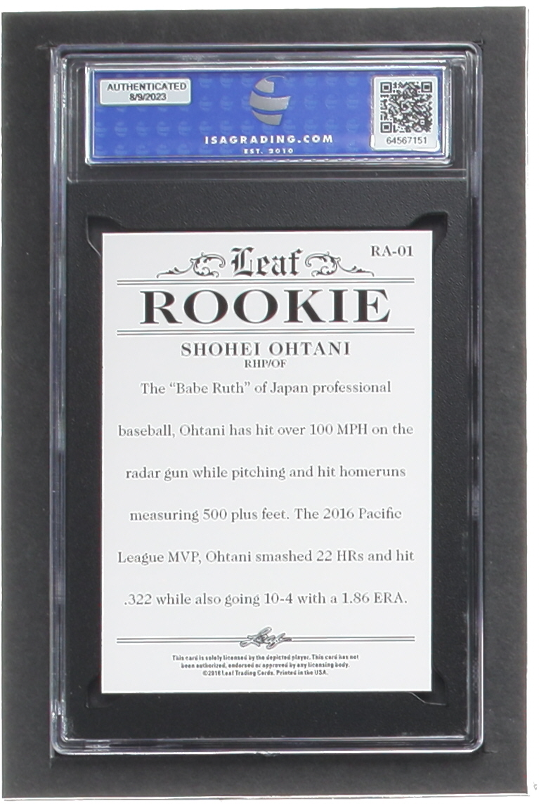 Shohei Ohtani 2018 Leaf Ohtani Rookie Achievement #RA01 RC (ISA 10) at PristineAuction.com Shohei Ohtani 2018 Leaf Ohtani Rookie Achievement #RA01 RC (ISA 10) at PristineAuction.com
