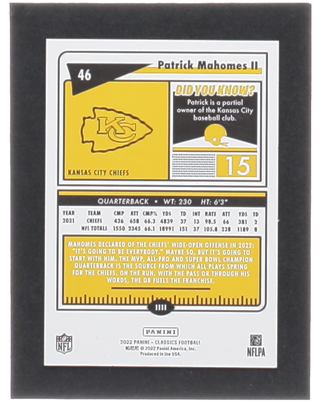 Patrick Mahomes II 2022 Classics Timeless Tributes Gold #46 #13/99 at PristineAuction.com Patrick Mahomes II 2022 Classics Timeless Tributes Gold #46 #13/99 at PristineAuction.com