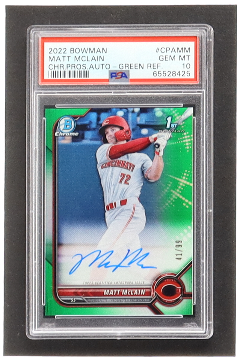Matt McLain 2022 Bowman Chrome Prospect Autographs Green Refractors #CPAMM #41/99 (PSA 10) at PristineAuction.com Matt McLain 2022 Bowman Chrome Prospect Autographs Green Refractors #CPAMM #41/99 (PSA 10) at PristineAuction.com