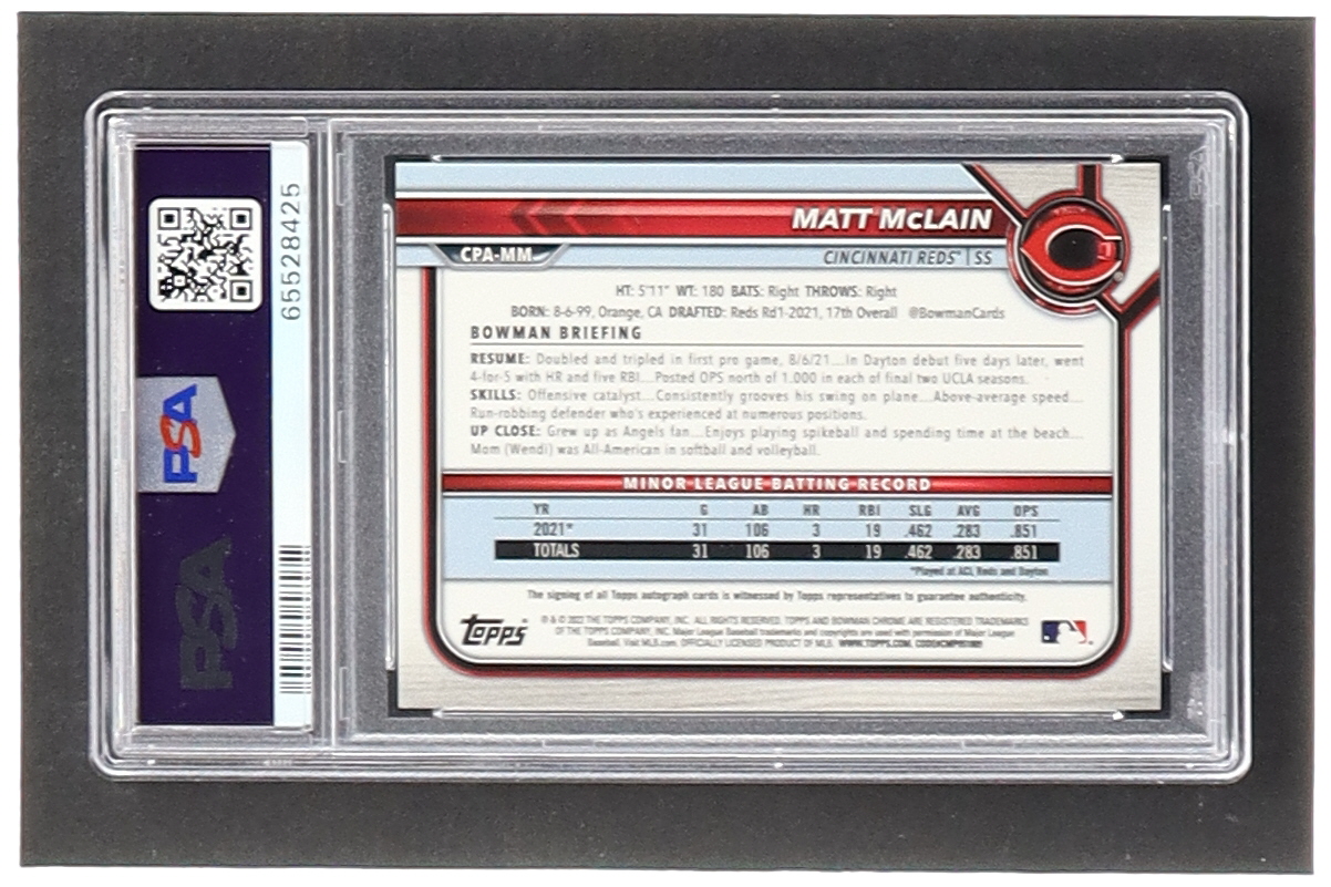 Matt McLain 2022 Bowman Chrome Prospect Autographs Green Refractors #CPAMM #41/99 (PSA 10) at PristineAuction.com Matt McLain 2022 Bowman Chrome Prospect Autographs Green Refractors #CPAMM #41/99 (PSA 10) at PristineAuction.com