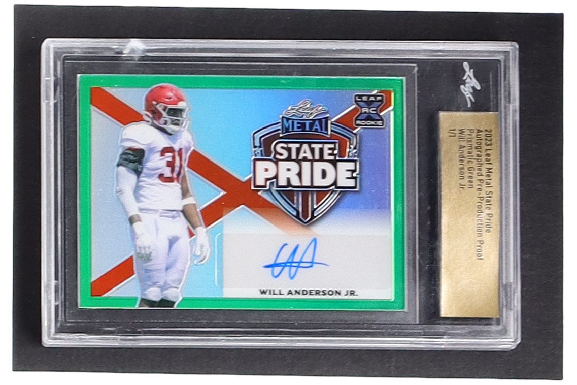 Will Anderson Jr. 2023 Leaf Metal State Pride Autograph Prismatic Green Pre-Production Proof RC #1/1 (Leaf) at PristineAuction.com Will Anderson Jr. 2023 Leaf Metal State Pride Autograph Prismatic Green Pre-Production Proof RC #1/1 (Leaf) at PristineAuction.com