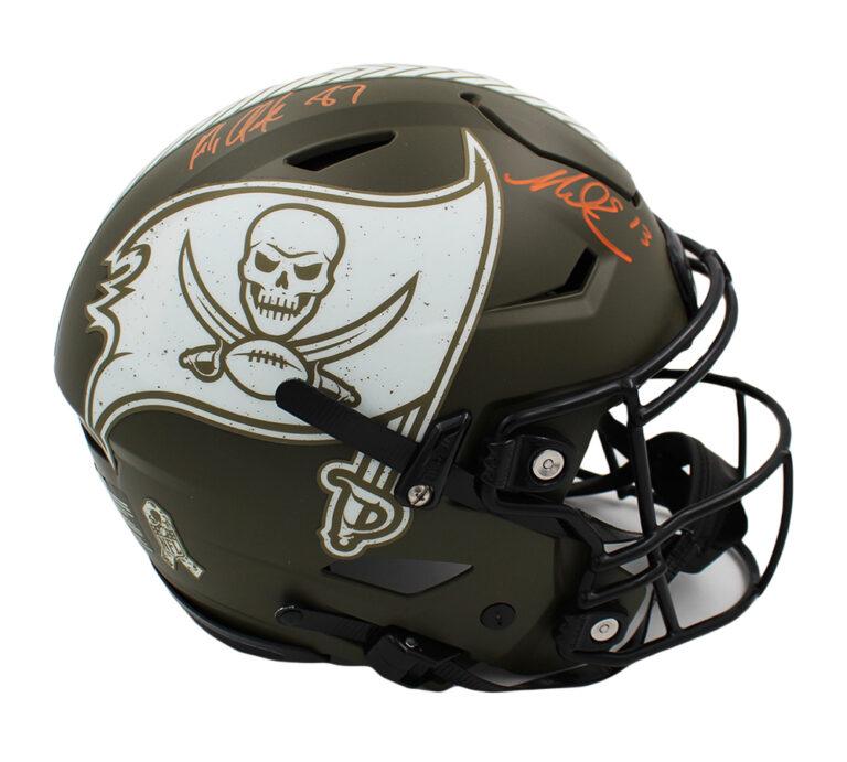Rob Gronkowski & Mike Evans Signed Buccaneers Full-Size On-Field Authentic Salute To Service Alternate Speed-Flex Helmet (Radtke) at PristineAuction.com Rob Gronkowski & Mike Evans Signed Buccaneers Full-Size On-Field Authentic Salute To Service Alternate Speed-Flex Helmet (Radtke) at PristineAuction.com