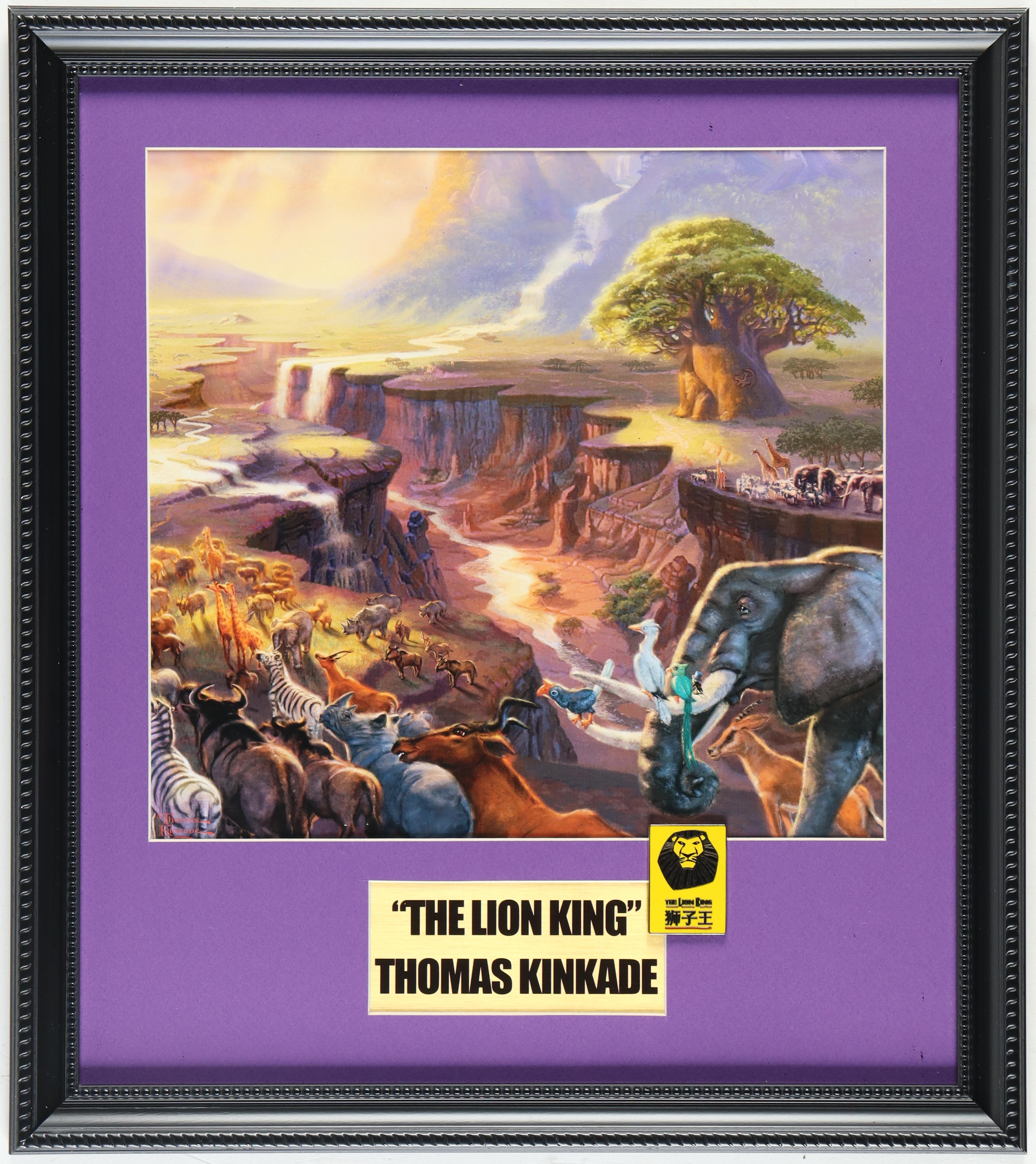 Thomas Kinkade "The Lion King" Custom Framed Print Display with China Original Movie Release Pin at PristineAuction.com Thomas Kinkade "The Lion King" Custom Framed Print Display with China Original Movie Release Pin at PristineAuction.com
