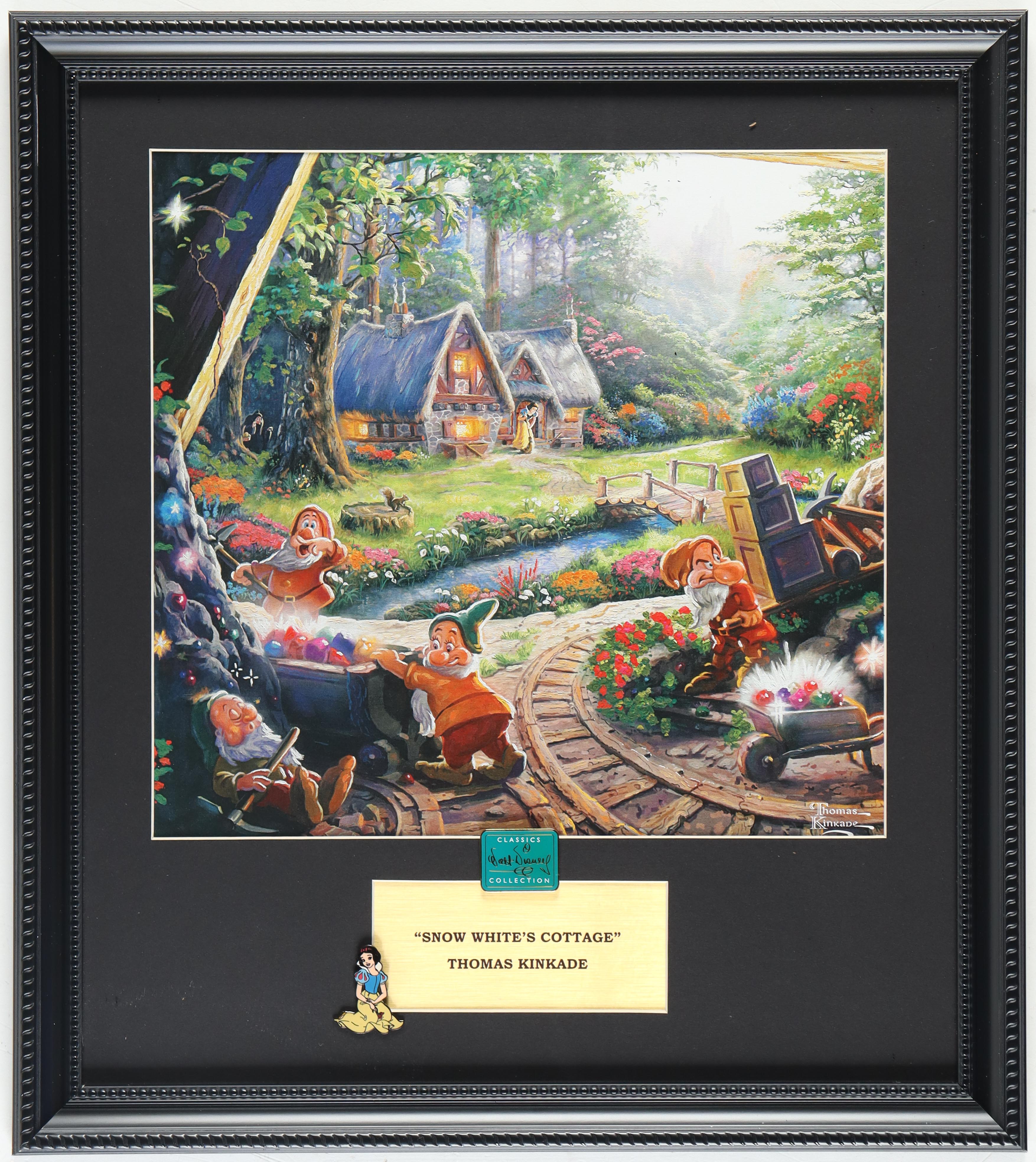 Thomas Kinkade "Snow White's Cottage" Custom Framed Print Display With Vintage Snow White Disney Pin at PristineAuction.com Thomas Kinkade "Snow White's Cottage" Custom Framed Print Display With Vintage Snow White Disney Pin at PristineAuction.com