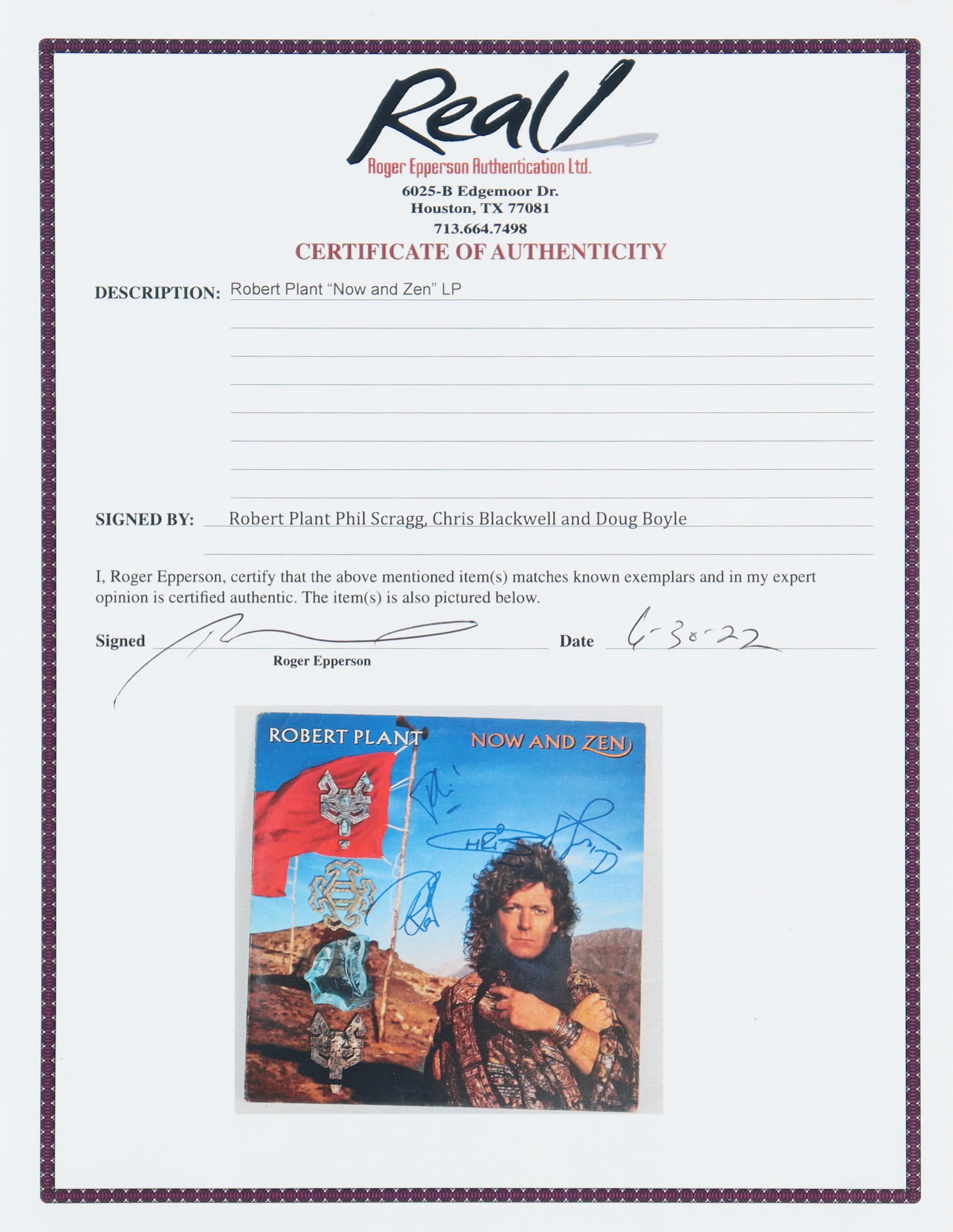 "Now and Zen" Vinyl Record Album Signed By (4) with Robert Plant, Phil Scragg, Chris Blackwell & Doug Boyle (PSA & REAL) at PristineAuction.com "Now and Zen" Vinyl Record Album Signed By (4) with Robert Plant, Phil Scragg, Chris Blackwell & Doug Boyle (PSA & REAL) at PristineAuction.com