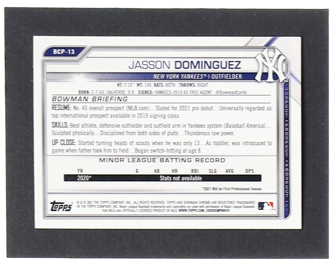 Jasson Dominguez 2021 Bowman Chrome Prospects #BCP13 at PristineAuction.com Jasson Dominguez 2021 Bowman Chrome Prospects #BCP13 at PristineAuction.com