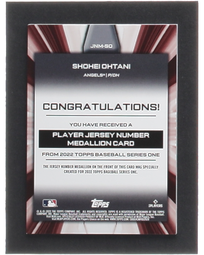 Shohei Ohtani 2022 Topps Commemorative Player Jersey Number Medallions #JNMSO at PristineAuction.com Shohei Ohtani 2022 Topps Commemorative Player Jersey Number Medallions #JNMSO at PristineAuction.com