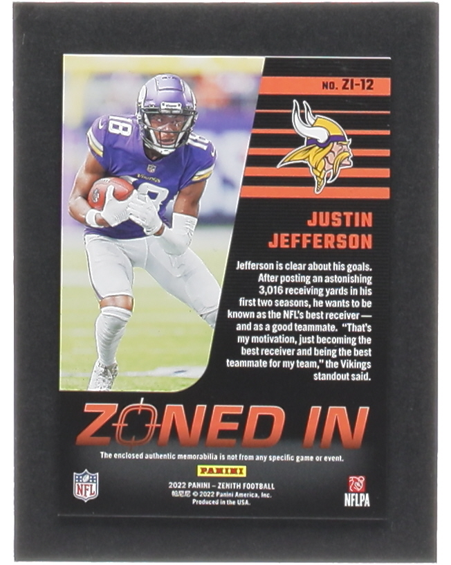 Justin Jefferson 2022 Zenith Zoned In Materials #12 at PristineAuction.com Justin Jefferson 2022 Zenith Zoned In Materials #12 at PristineAuction.com