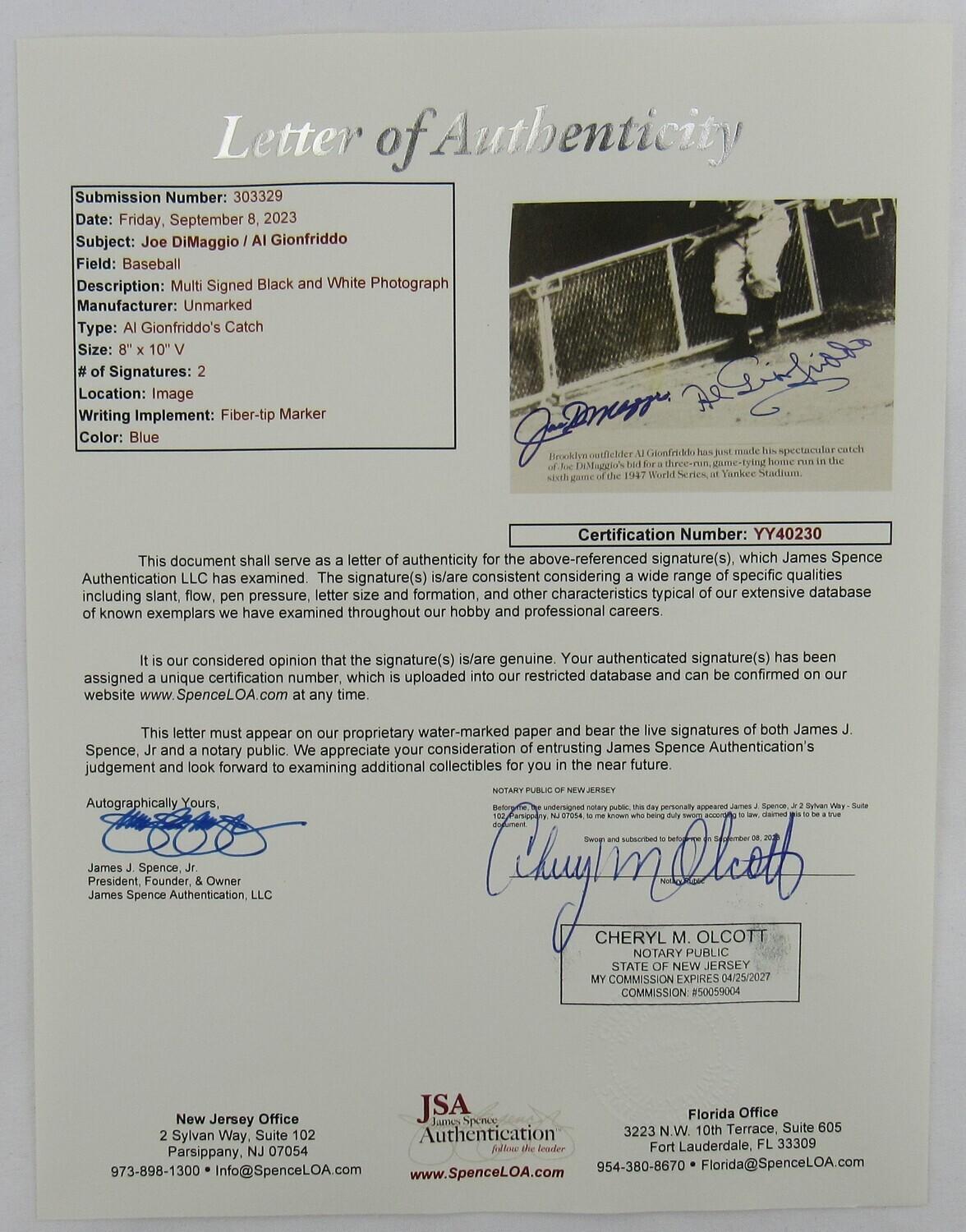 Joe DiMaggio & Al Gionfriddo Signed 8x10 Photo (JSA) at PristineAuction.com Joe DiMaggio & Al Gionfriddo Signed 8x10 Photo (JSA) at PristineAuction.com