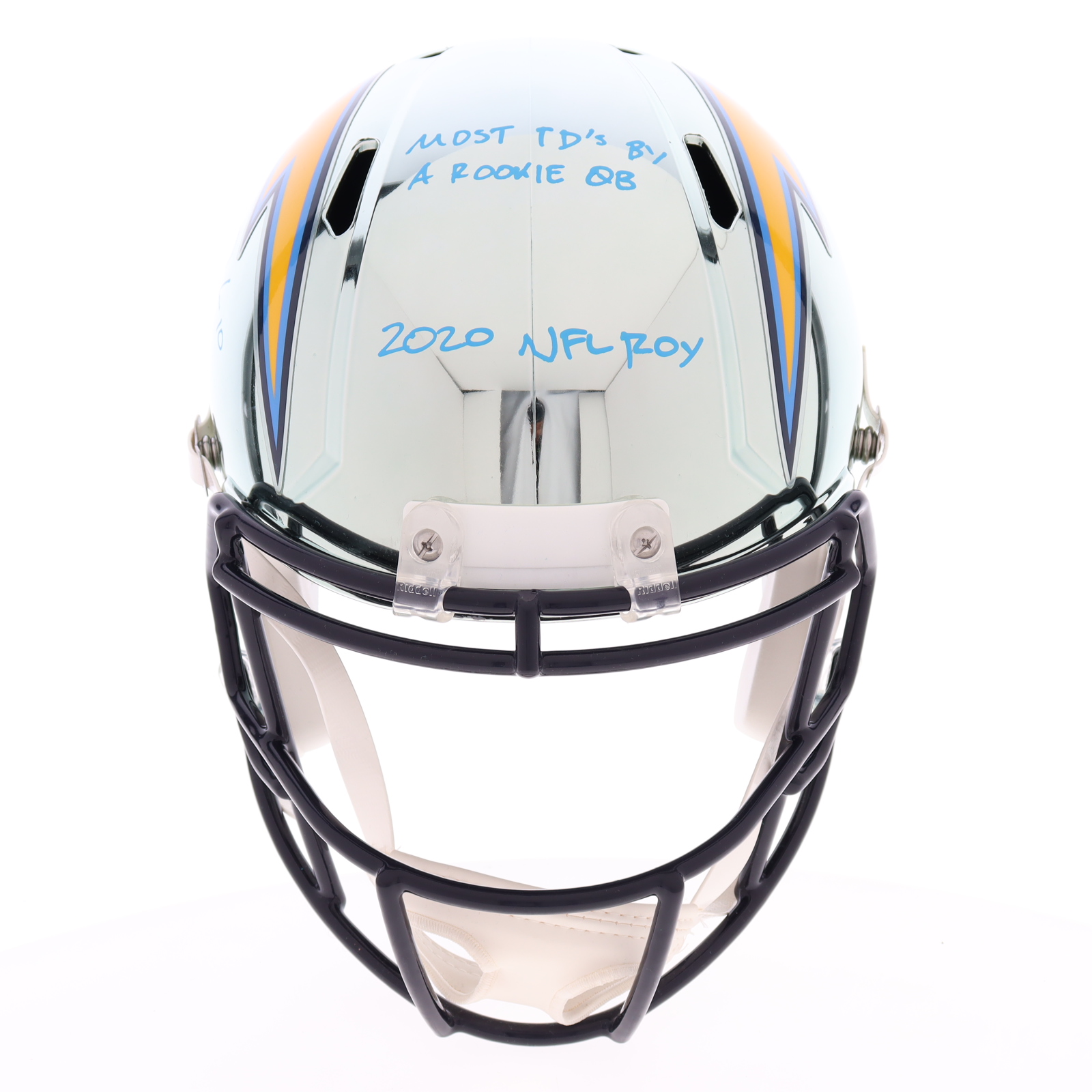 Justin Herbert Signed Chargers Full-Size Chrome Speed Helmet Inscribed "Most TD's BY A Rookie QB" & "2020 NFL ROY" (Beckett) at PristineAuction.com Justin Herbert Signed Chargers Full-Size Chrome Speed Helmet Inscribed "Most TD's BY A Rookie QB" & "2020 NFL ROY" (Beckett) at PristineAuction.com