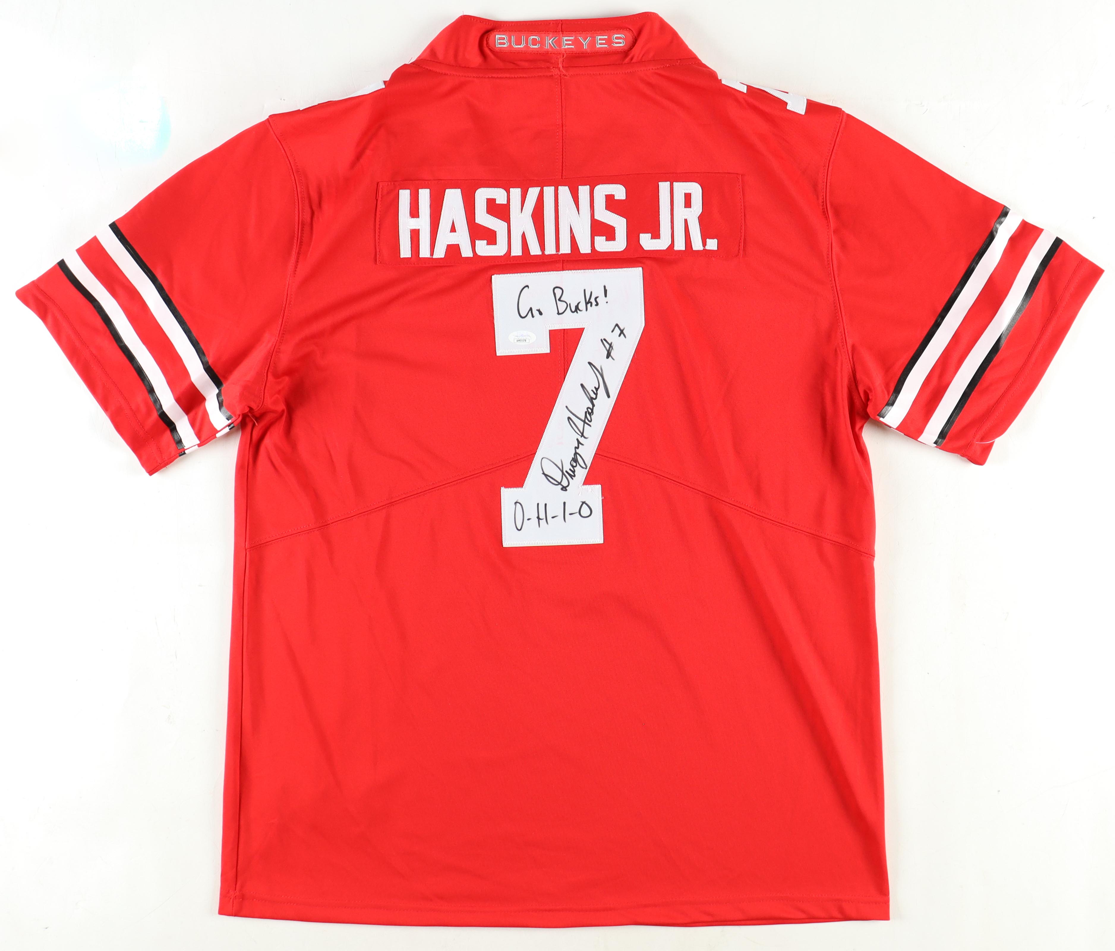 Dwayne Haskins Jr. Signed Ohio State Buckeyes Jersey Inscribed "Go Bucks!" & "O-H-I-O" (JSA) at PristineAuction.com Dwayne Haskins Jr. Signed Ohio State Buckeyes Jersey Inscribed "Go Bucks!" & "O-H-I-O" (JSA) at PristineAuction.com