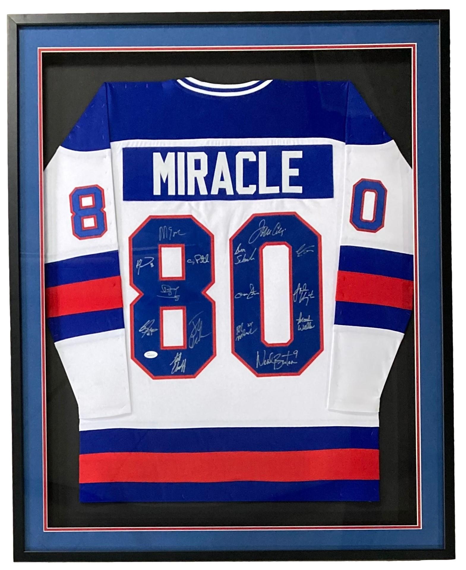 1980 USA Miracle On Ice Custom Framed Jersey Team-Signed By (15) with Mike Eruzione, Jim Craig, Ken Morrow, Buzz Schneider (JSA) at PristineAuction.com 1980 USA Miracle On Ice Custom Framed Jersey Team-Signed By (15) with Mike Eruzione, Jim Craig, Ken Morrow, Buzz Schneider (JSA) at PristineAuction.com