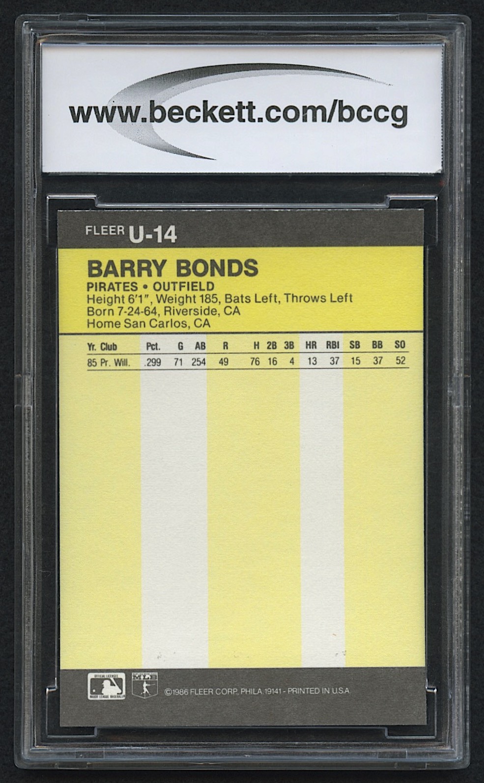 Barry Bonds 1986 Fleer Update #U14 XRC (BCCG 10) at PristineAuction.com Barry Bonds 1986 Fleer Update #U14 XRC (BCCG 10) at PristineAuction.com