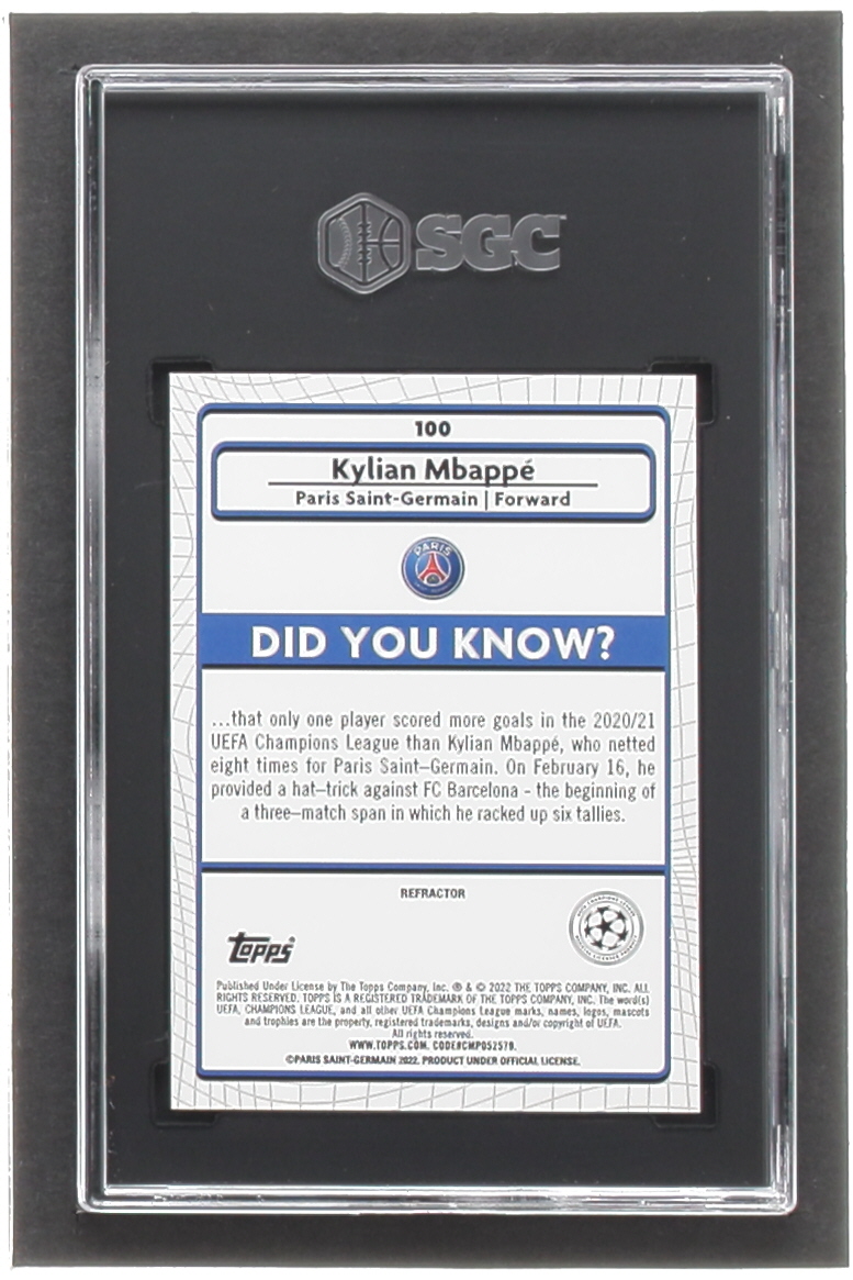 Kylian Mbappe 2021-22 Merlin UEFA Champions League Refractors #100 (SGC 10) at PristineAuction.com Kylian Mbappe 2021-22 Merlin UEFA Champions League Refractors #100 (SGC 10) at PristineAuction.com