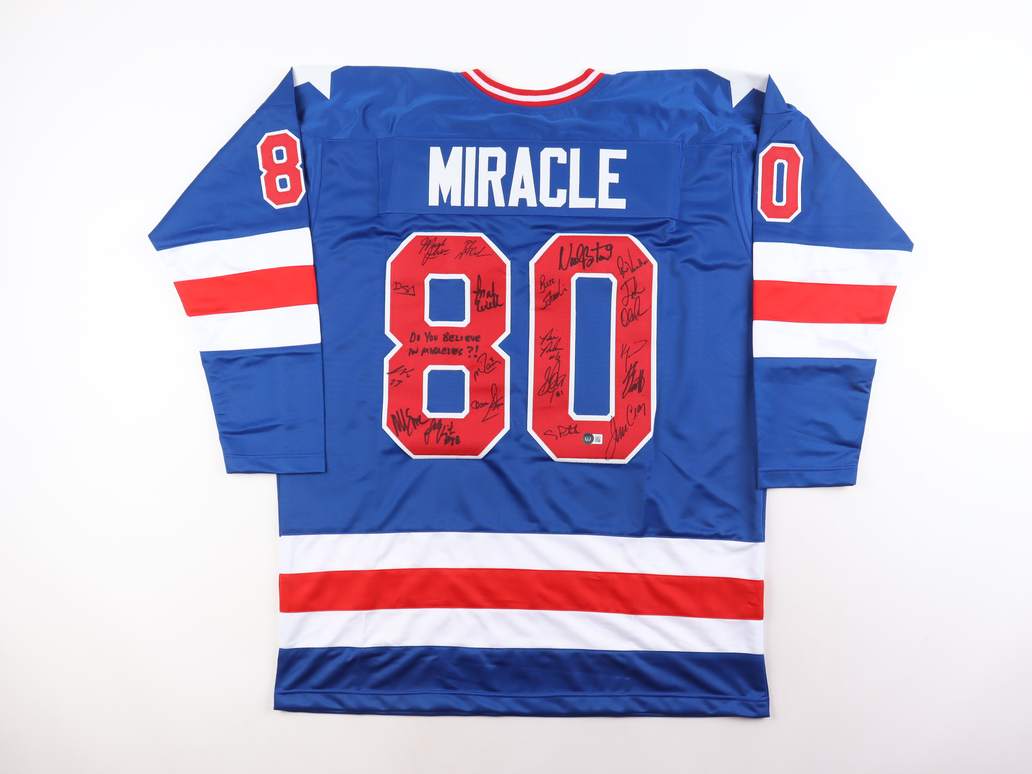 1980 Team USA Hockey "Miracle on Ice" Jersey Signed by (19) with Mike Eruzione, Jim Craig, Ken Morrow, Buzz Schneider Inscribed "Do You Believe In Miracles" (Beckett) at PristineAuction.com 1980 Team USA Hockey "Miracle on Ice" Jersey Signed by (19) with Mike Eruzione, Jim Craig, Ken Morrow, Buzz Schneider Inscribed "Do You Believe In Miracles" (Beckett) at PristineAuction.com