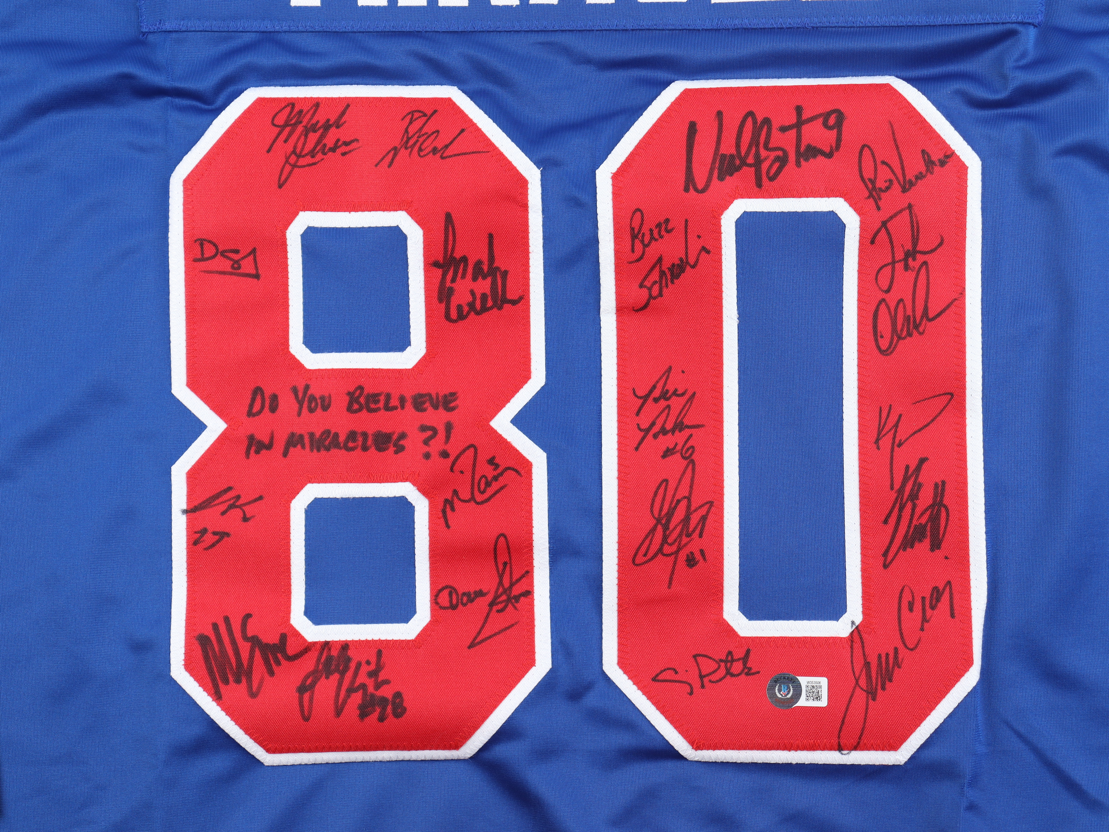1980 Team USA Hockey "Miracle on Ice" Jersey Signed by (19) with Mike Eruzione, Jim Craig, Ken Morrow, Buzz Schneider Inscribed "Do You Believe In Miracles" (Beckett) at PristineAuction.com 1980 Team USA Hockey "Miracle on Ice" Jersey Signed by (19) with Mike Eruzione, Jim Craig, Ken Morrow, Buzz Schneider Inscribed "Do You Believe In Miracles" (Beckett) at PristineAuction.com