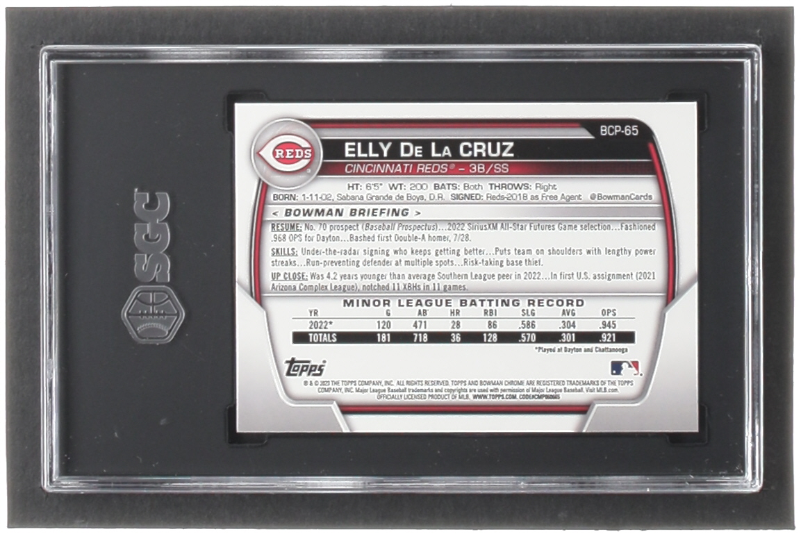 Elly De La Cruz 2023 Bowman Chrome Prospects #BCP65 RC (SGC 10) at PristineAuction.com Elly De La Cruz 2023 Bowman Chrome Prospects #BCP65 RC (SGC 10) at PristineAuction.com
