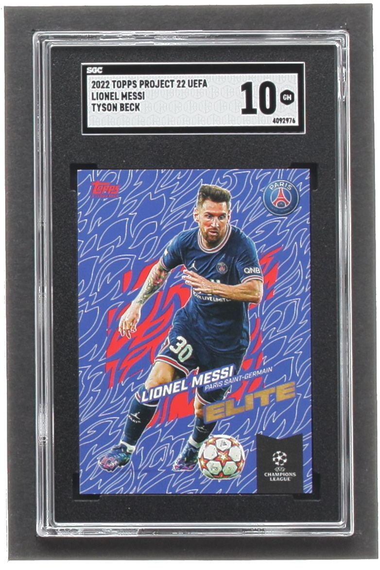 Lionel Messi 2021-22 Topps Project 22 UEFA Tyson Beck #NNO (SGC 10) at PristineAuction.com Lionel Messi 2021-22 Topps Project 22 UEFA Tyson Beck #NNO (SGC 10) at PristineAuction.com