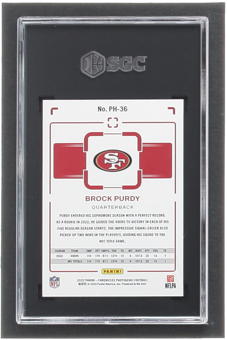 Brock Purdy 2022 Panini Chronicles Photogenic #36 RC (SGC 10) at PristineAuction.com Brock Purdy 2022 Panini Chronicles Photogenic #36 RC (SGC 10) at PristineAuction.com