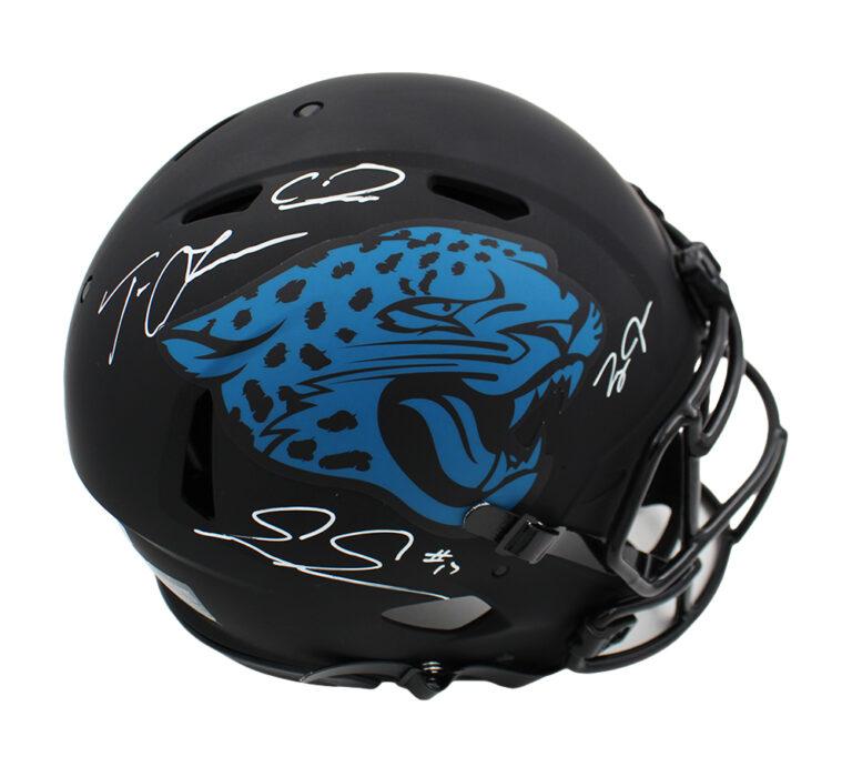 Jaguars Full-Size Authentic On-Field Eclipse Alternate Speed Helmet Signed By (4) with Trevor Lawrence, Calvin Ridley, Evan Engram & Zay Jones (Fanatics & Beckett) at PristineAuction.com Jaguars Full-Size Authentic On-Field Eclipse Alternate Speed Helmet Signed By (4) with Trevor Lawrence, Calvin Ridley, Evan Engram & Zay Jones (Fanatics & Beckett) at PristineAuction.com