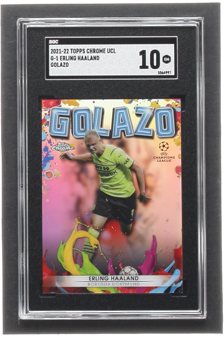 Erling Haaland 2021-22 Topps Chrome UEFA Champions League Golazo #G1 (SGC 10) at PristineAuction.com Erling Haaland 2021-22 Topps Chrome UEFA Champions League Golazo #G1 (SGC 10) at PristineAuction.com